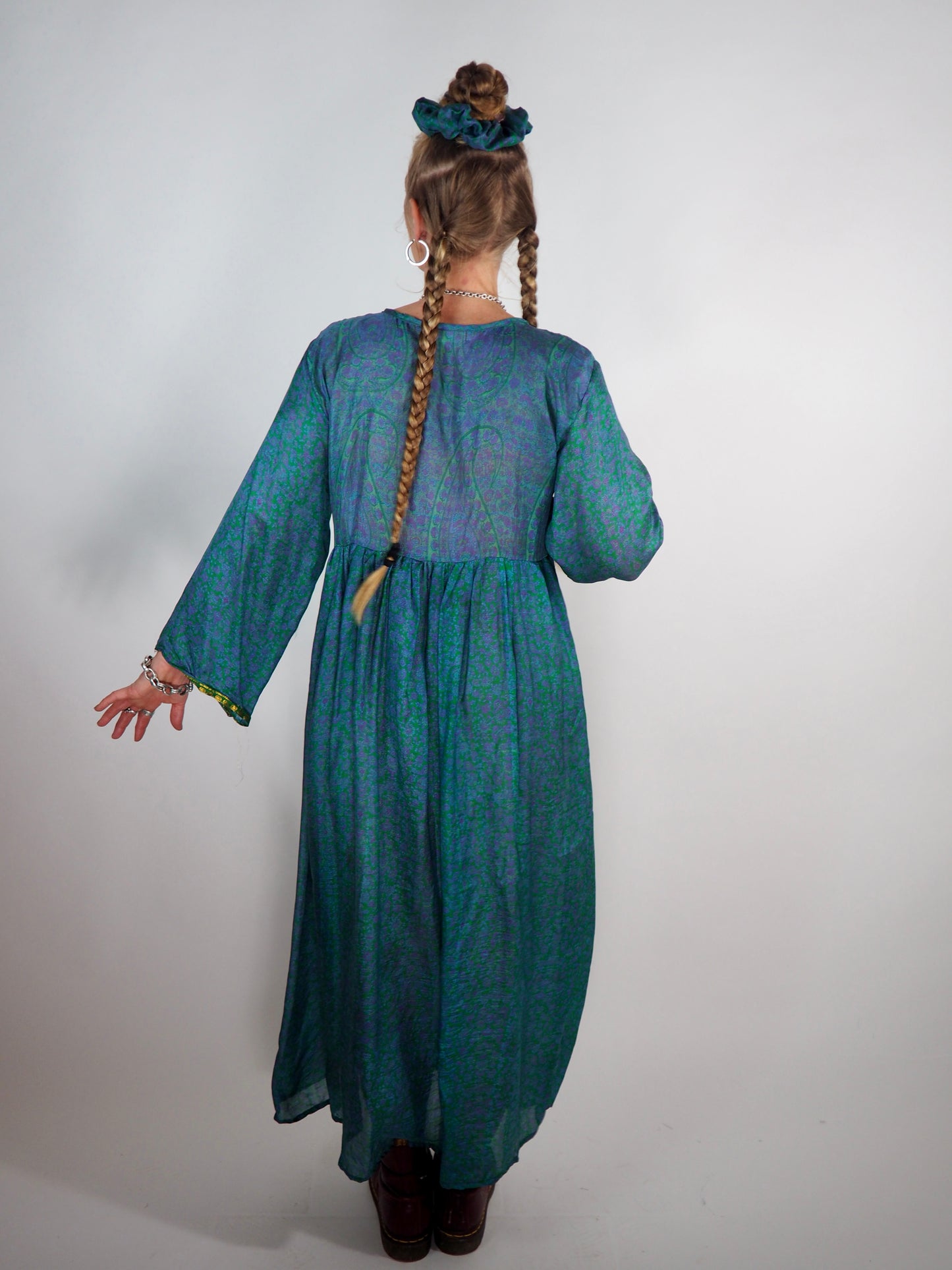 The Vadella Up-cycled Vintage Re-cycled Sari Maxi Dress – Sustainable Boho Dress with Tie Neck Detail + Matching Scrunchy & Bag