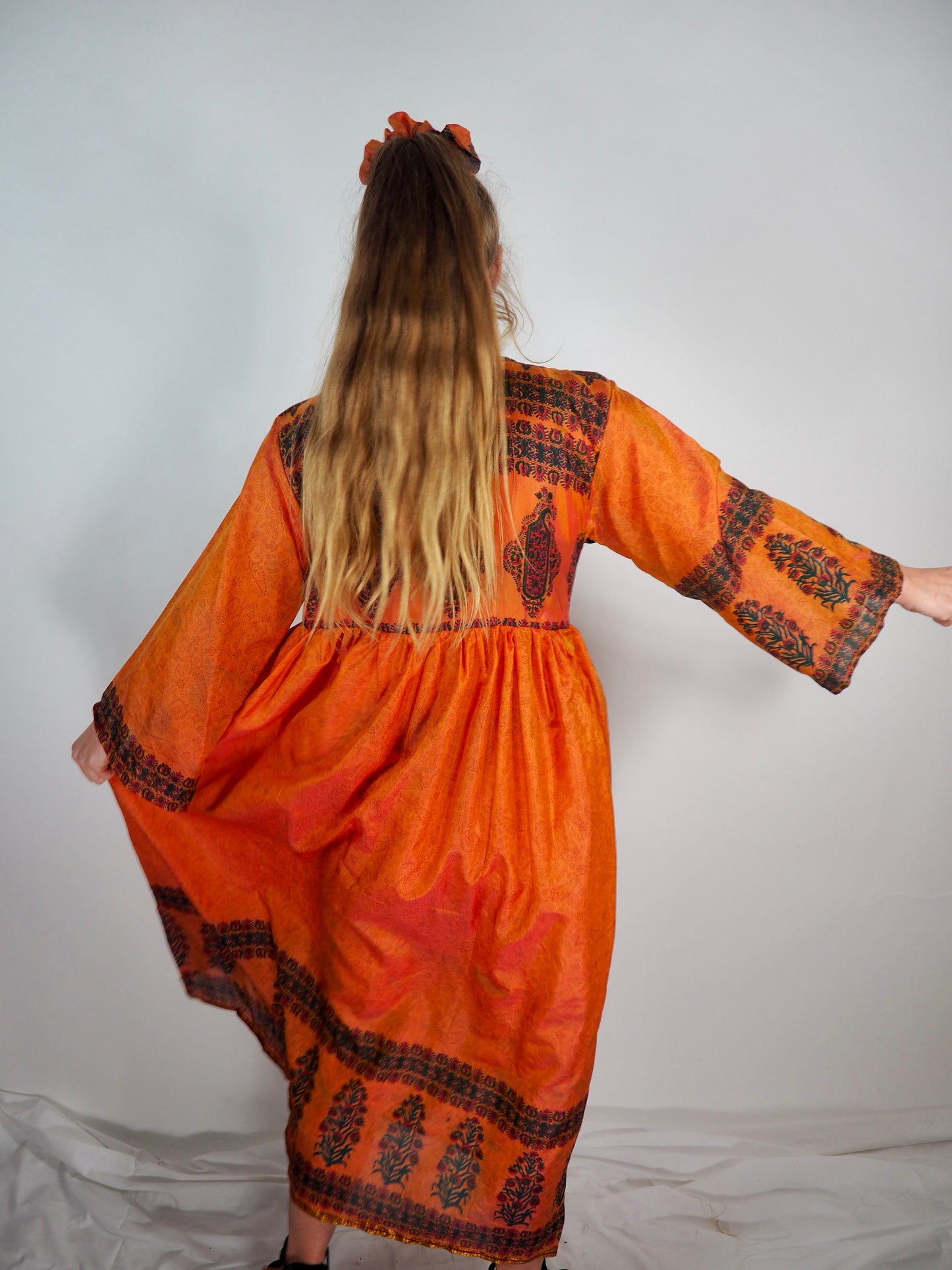 The Vadella Up-cycled Vintage Re-cycled Sari Maxi Dress – Sustainable Boho Dress with Tie Neck Detail + Matching Scrunchy & Bag