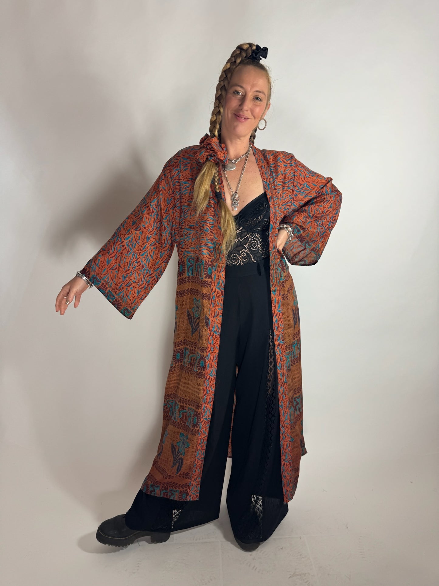 The Kardash Long Kimono – Up-cycled Vintage Sari long Kimono Robe with Waist Tie + Matching Scrunchy & Storage Bag