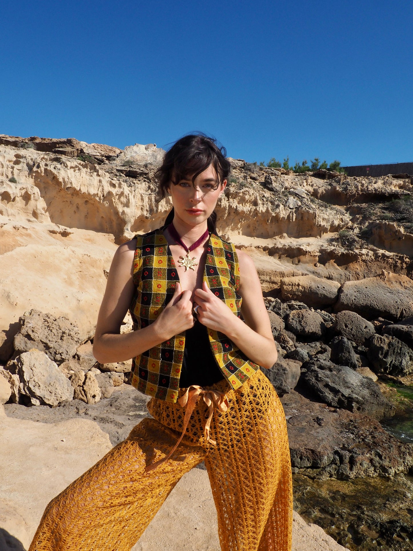 Small Cropped Waistcoat in Mustard Yellow, Black, and Red - Upcycled Vintage Textiles Made by Vagabond Ibiza