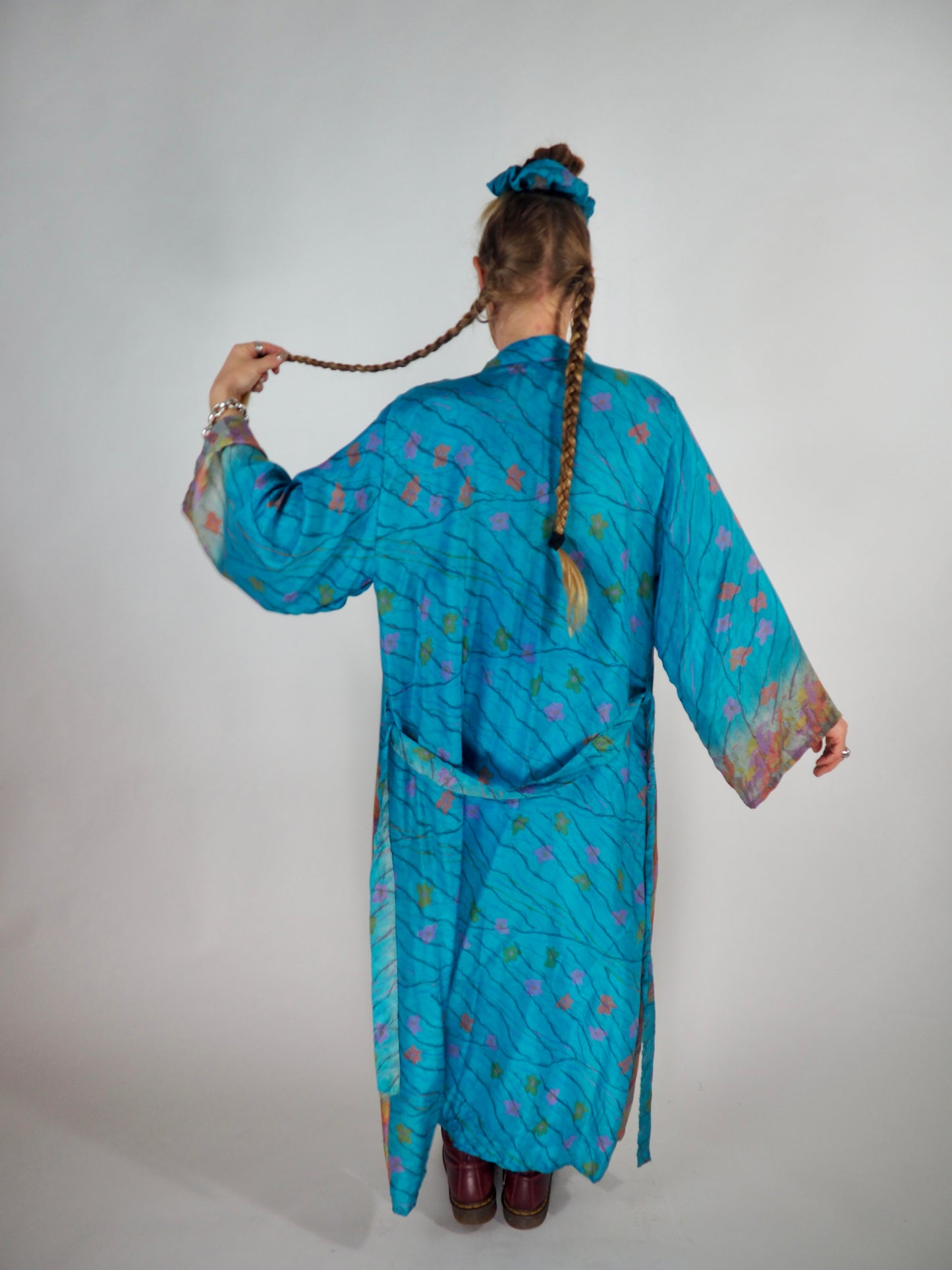 The Kardash Long Kimono – Up-cycled Vintage Sari long Kimono Robe with Waist Tie + Matching Scrunchy & Storage Bag