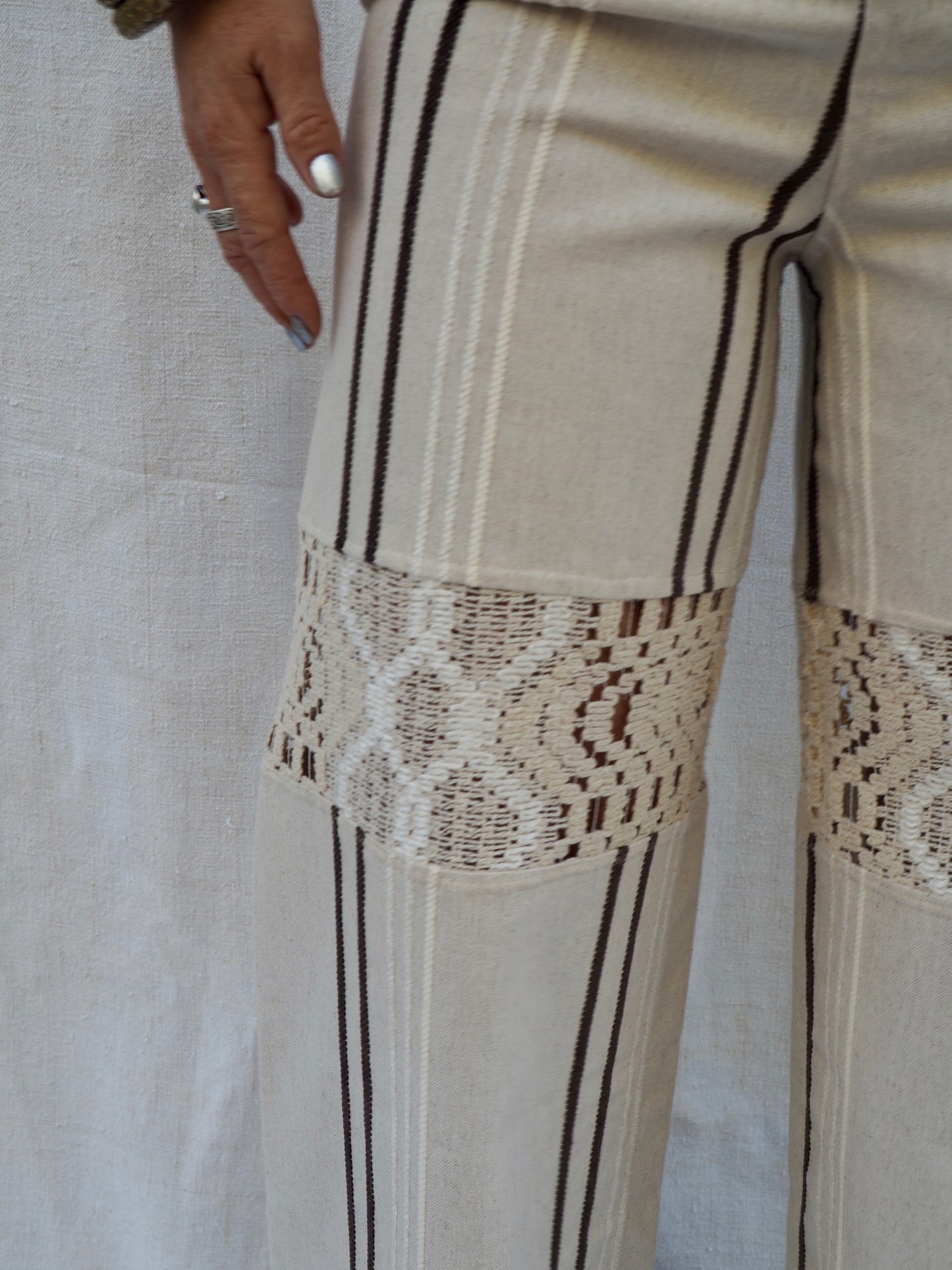 Up-cycled Vintage Linen & Crochet Patchwork Pants – Handmade by Vagabond Ibiza