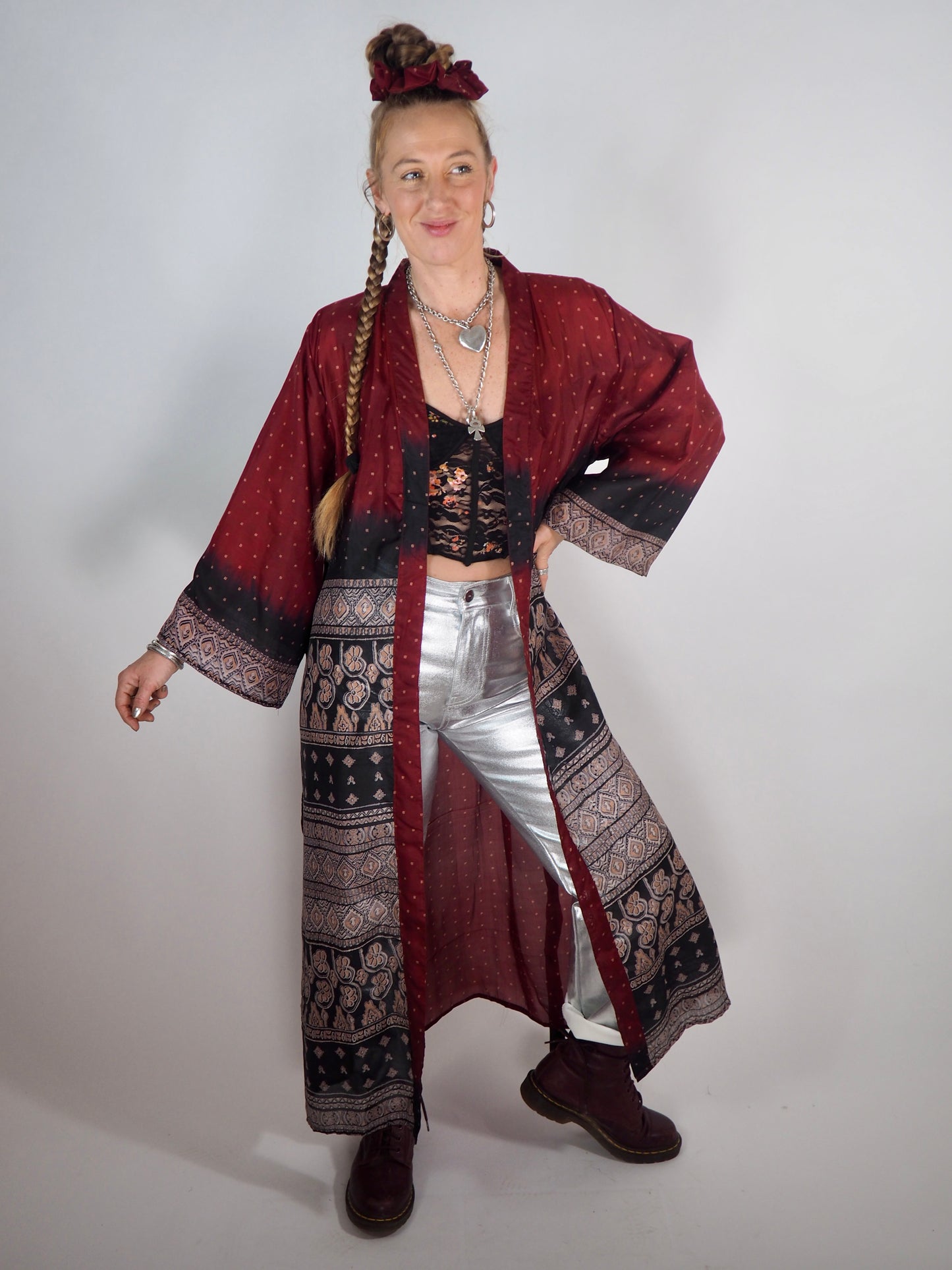 The Kardash Long Kimono – Up-cycled Vintage Sari long Kimono Robe with Waist Tie + Matching Scrunchy & Storage Bag