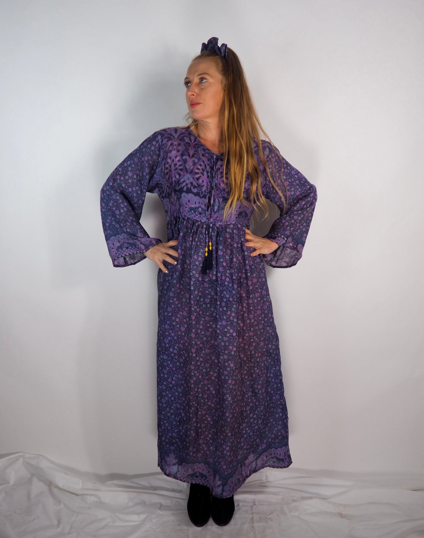 The Vadella Up-cycled Vintage Re-cycled Sari Maxi Dress – Sustainable Boho Dress with Tie Neck Detail + Matching Scrunchy & Bag