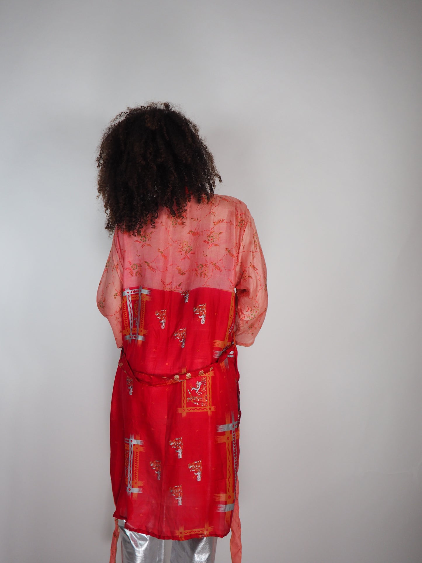 The Kardash Medium-Length Kimono – Up-cycled Vintage Sari Sustainable Kimono Jacket with Waist Tie + Matching Scrunchy & Storage Bag