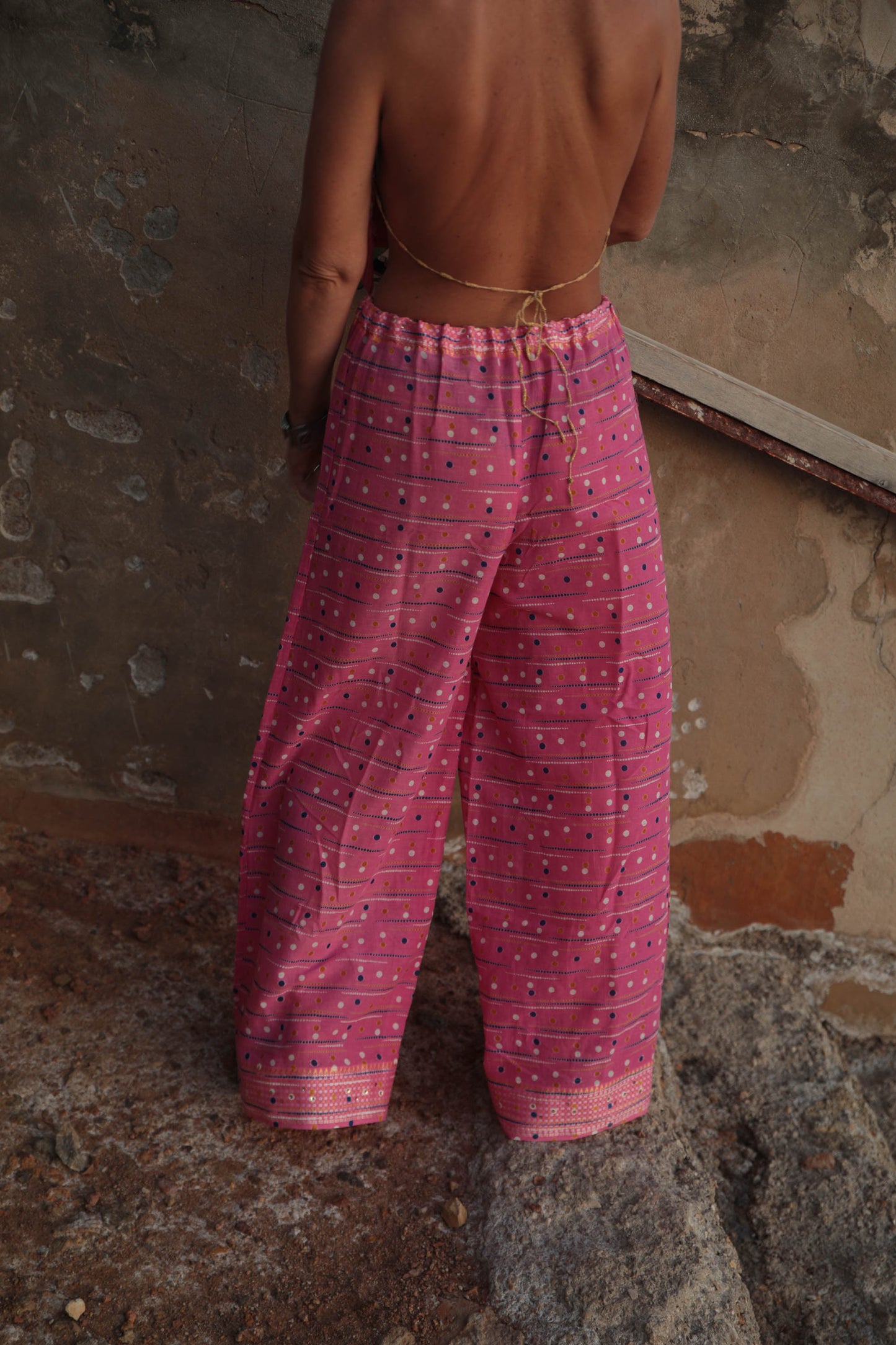 Up-cycled vintage cotton 2 piece set tie top and pants in super thin lightweight pink printed cotton perfect for beach days and vibes around Ibiza town.