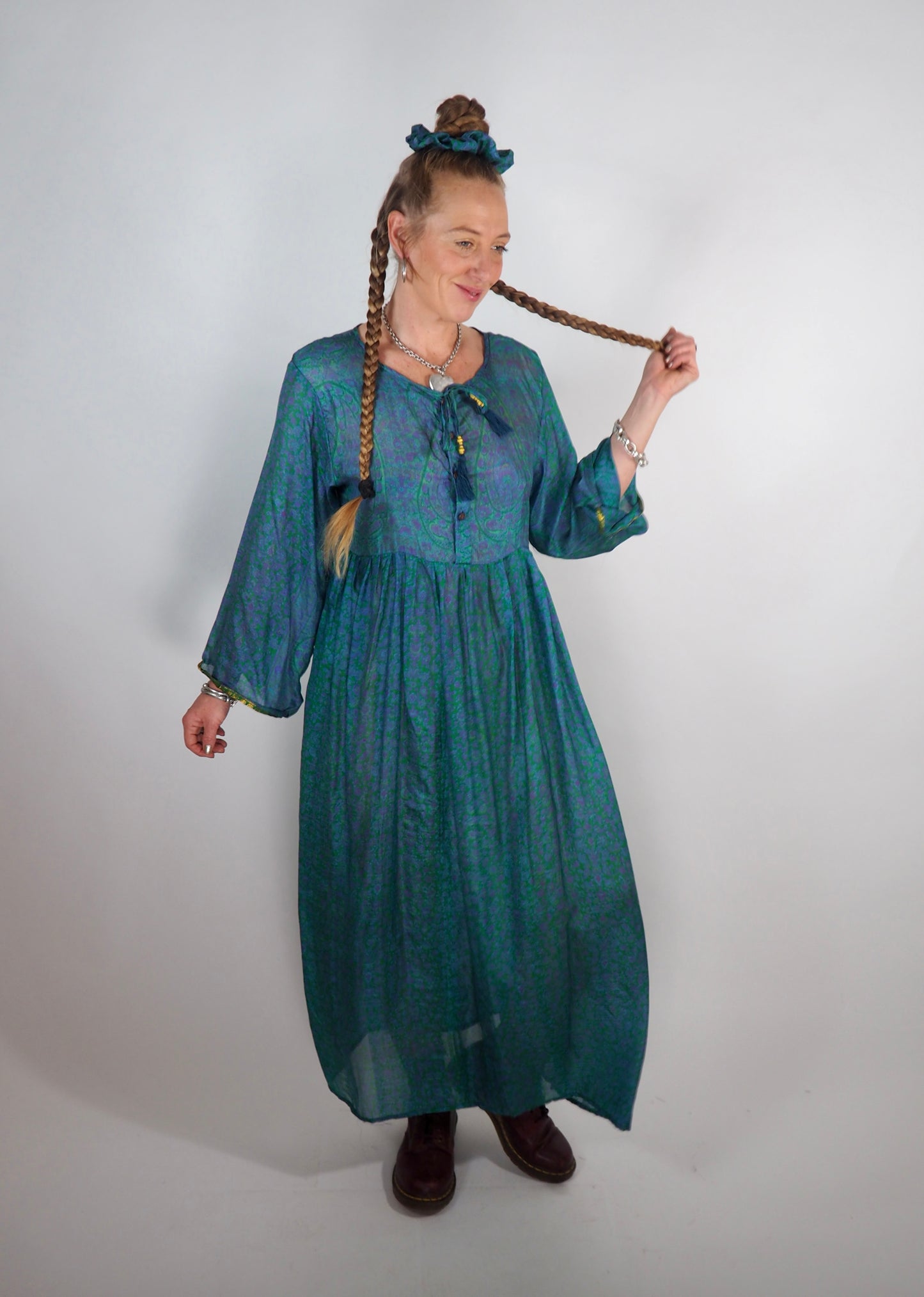 The Vadella Up-cycled Vintage Re-cycled Sari Maxi Dress – Sustainable Boho Dress with Tie Neck Detail + Matching Scrunchy & Bag