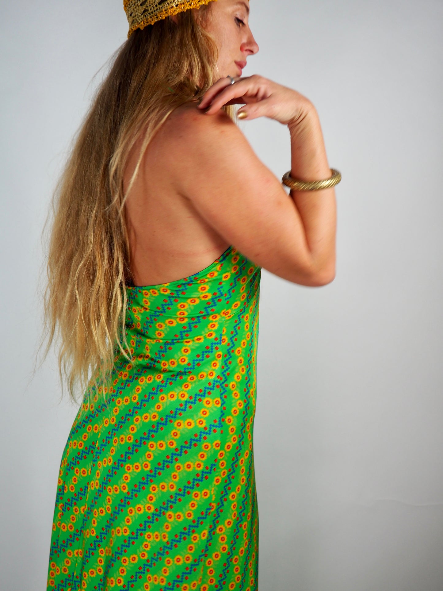 1970s Vintage Maxi Dress - Psychedelic Green Print