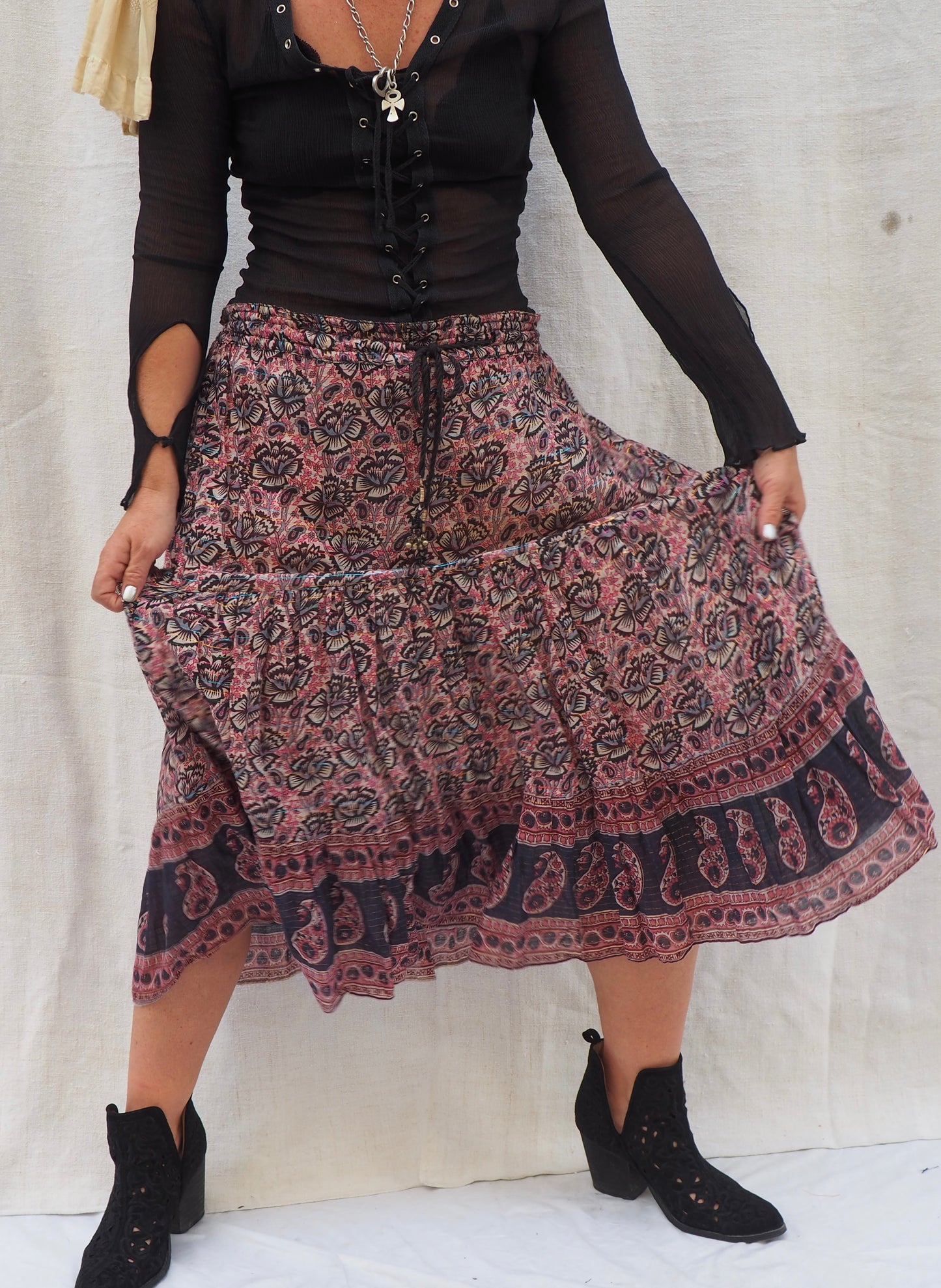 Vintage 1970s Indian Block Printed Cotton Gauze Skirt – Super Fine Cotton, Adjustable Free Size with Drawstring Bells