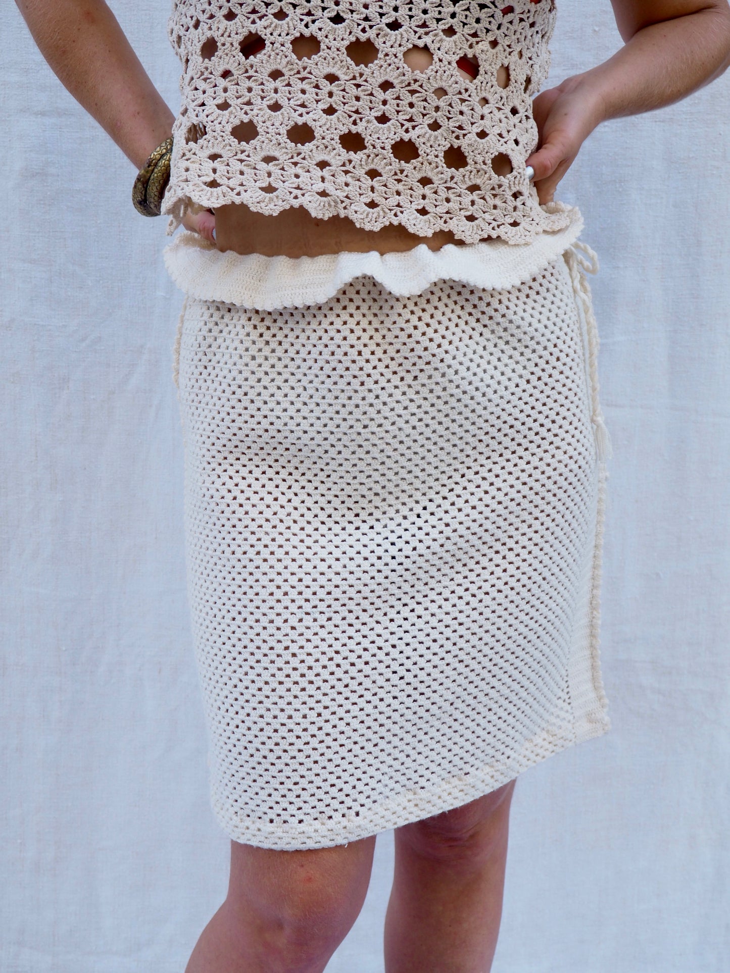 Up-cycled Vintage 1970s Crochet Skirt with Drawstring Waist – Handmade by Vagabond Ibiza