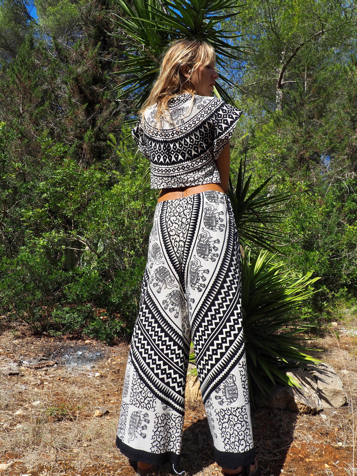 Up-cycled cotton black and cream printed wide leg pants by Vagabond Ibiza