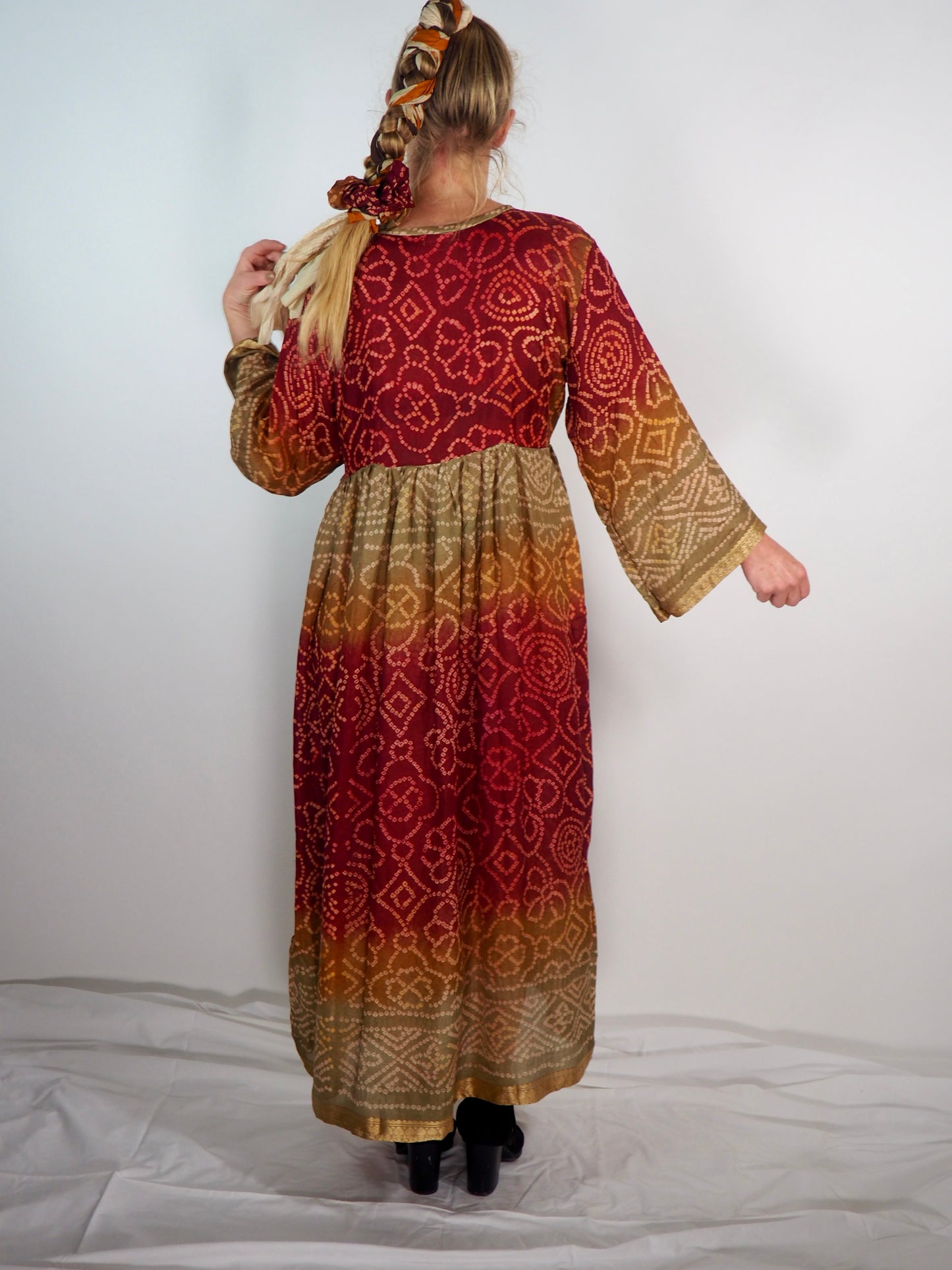 The Vadella Up-cycled Vintage Re-cycled Sari Maxi Dress – Sustainable Boho Dress with Tie Neck Detail + Matching Scrunchy & Bag