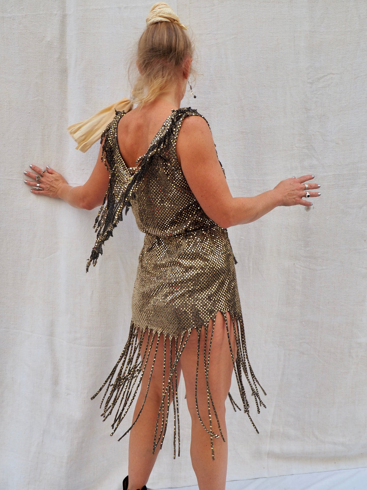 1970s Vintage Gold Sequin Fringe Dress