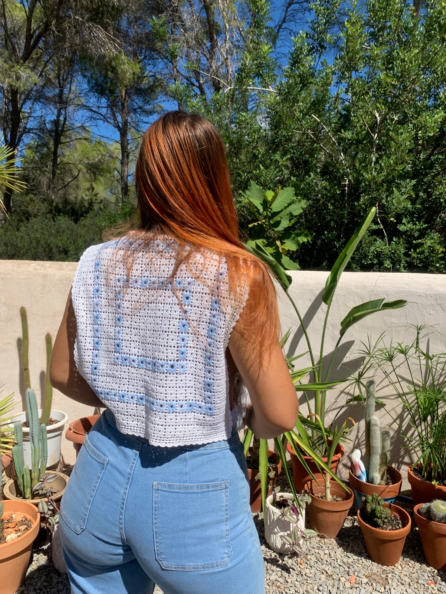 Reversals up-cycled white and baby blue crochet top by Vagabond Ibiza