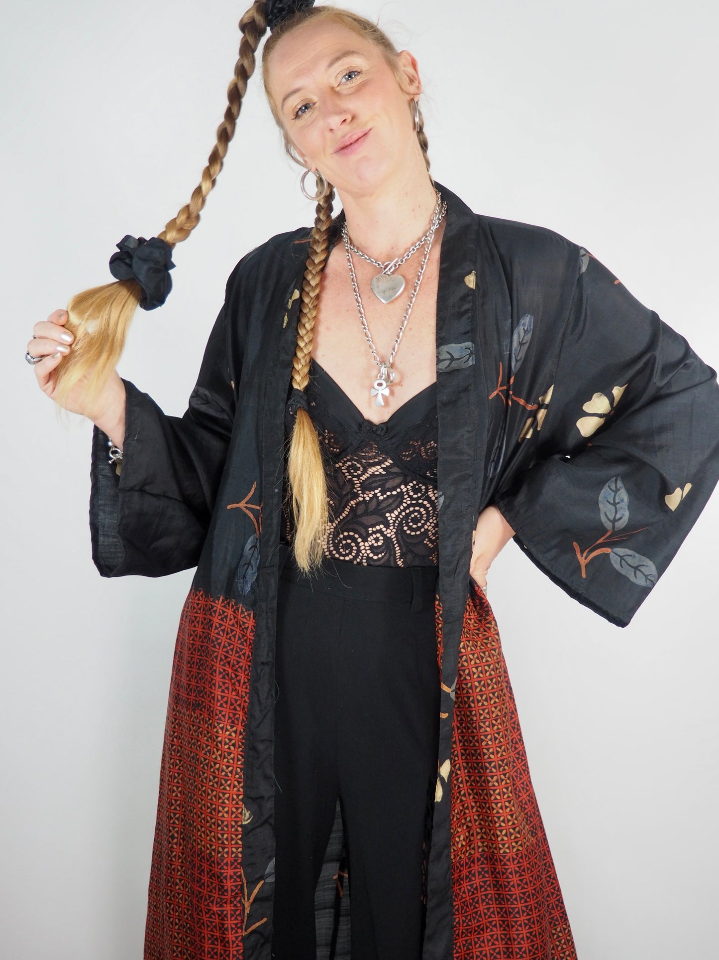 The Kardash Long Kimono – Up-cycled Vintage Sari long Kimono Robe with Waist Tie + Matching Scrunchy & Storage Bag