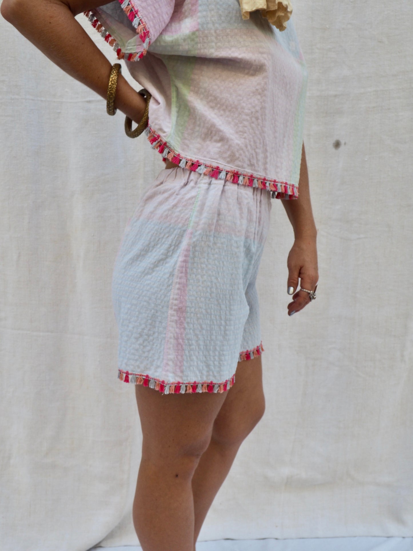 Up-cycled Vintage Cotton Two-Piece Set with Pom-Pom Trim – Handmade by Vagabond Ibiza