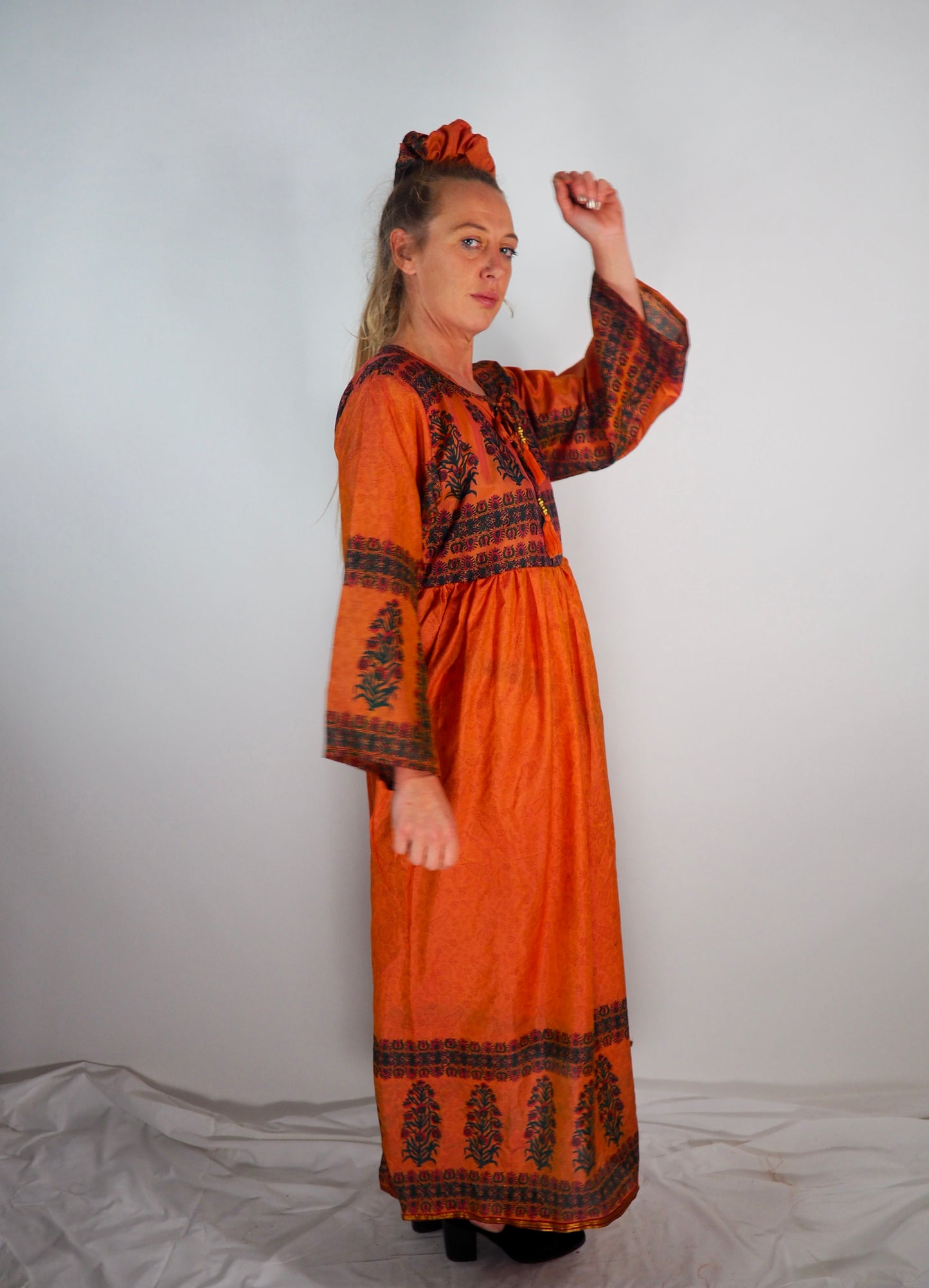 The Vadella Up-cycled Vintage Re-cycled Sari Maxi Dress – Sustainable Boho Dress with Tie Neck Detail + Matching Scrunchy & Bag