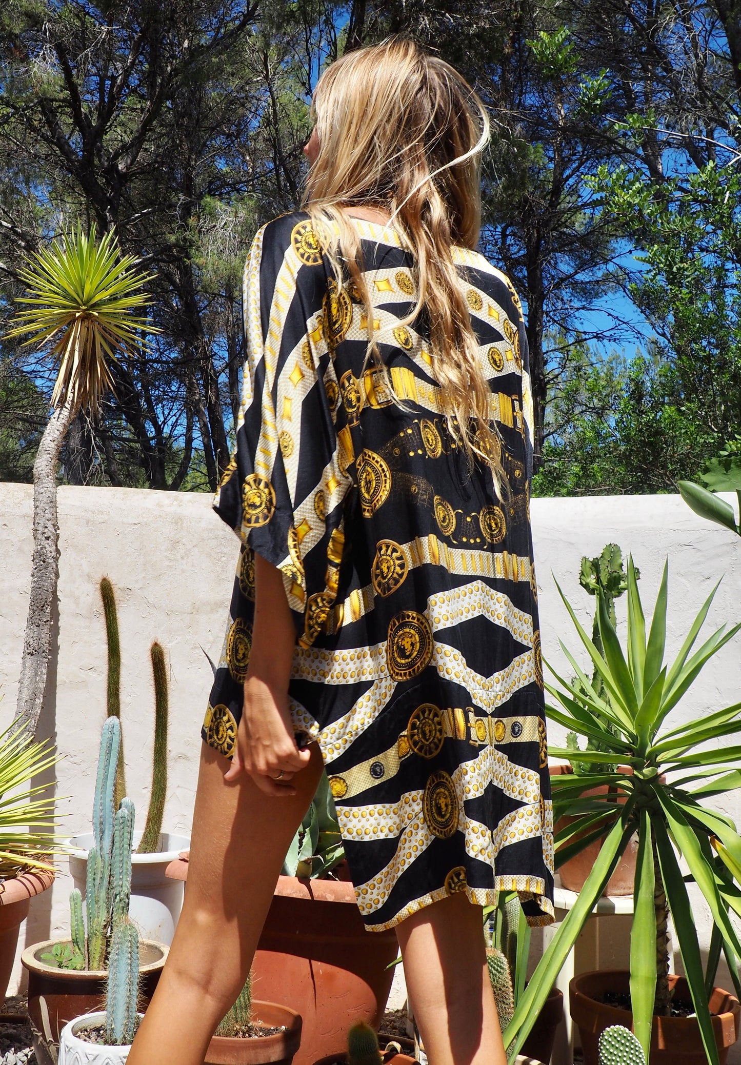 Pure silk black and gold printed dress/top super easy to wear day and night