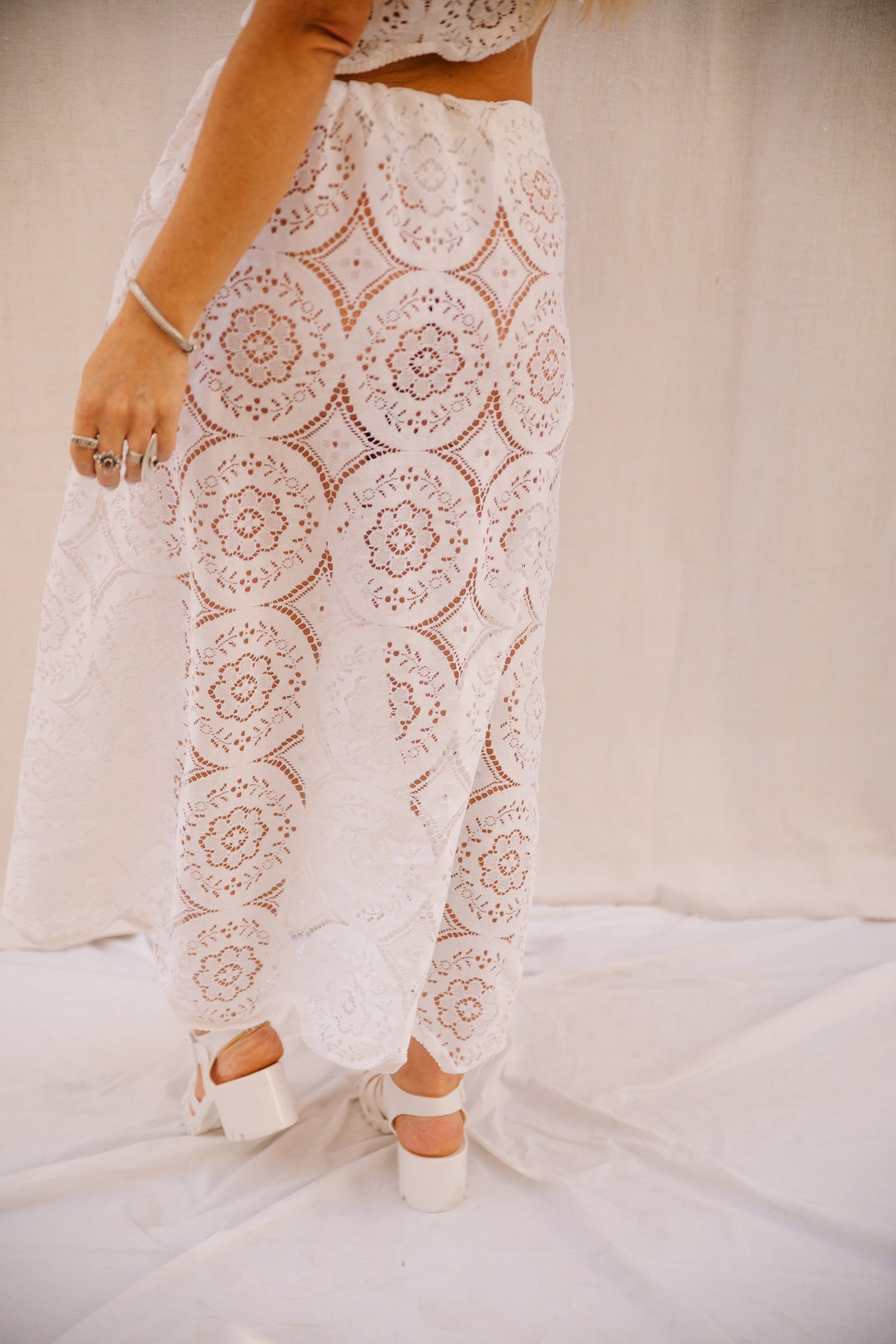 Upcycled Vintage Lace Wrap-Around Skirt with Side Splits – Handmade by Vagabond Ibiza