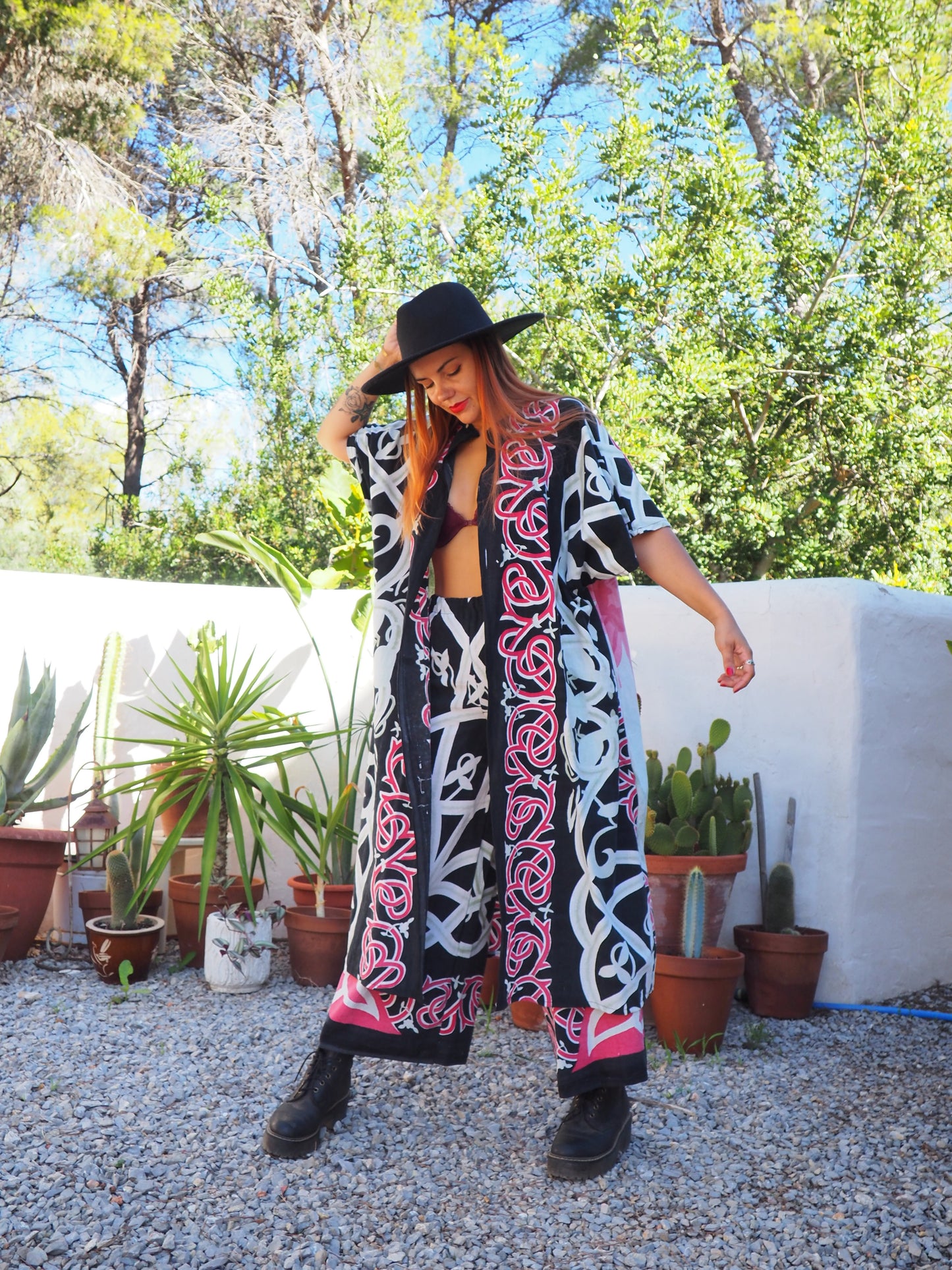 Long oversized waistcoat jacket up-cycled by Vagabond Ibiza from screen printed cotton textiles super cool.