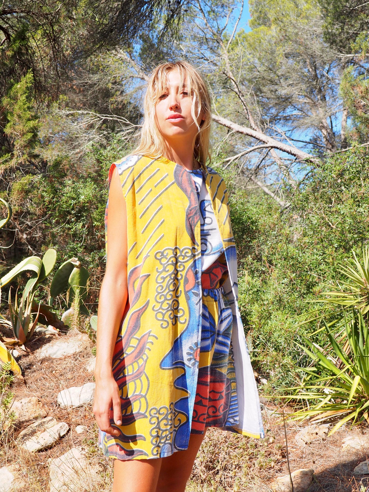 Up-cycled cotton funky bright colourful printed long waistcoat by Vagabond Ibiza