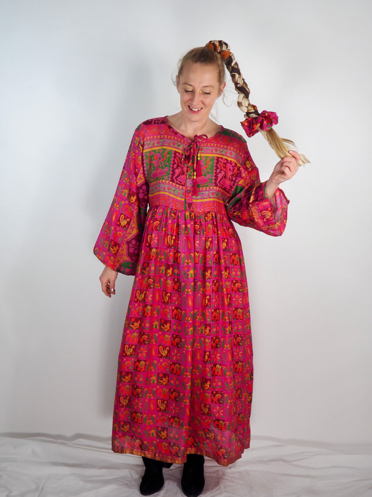 The Vadella Up-cycled Vintage Re-cycled Sari Maxi Dress – Sustainable Boho Dress with Tie Neck Detail + Matching Scrunchy & Bag