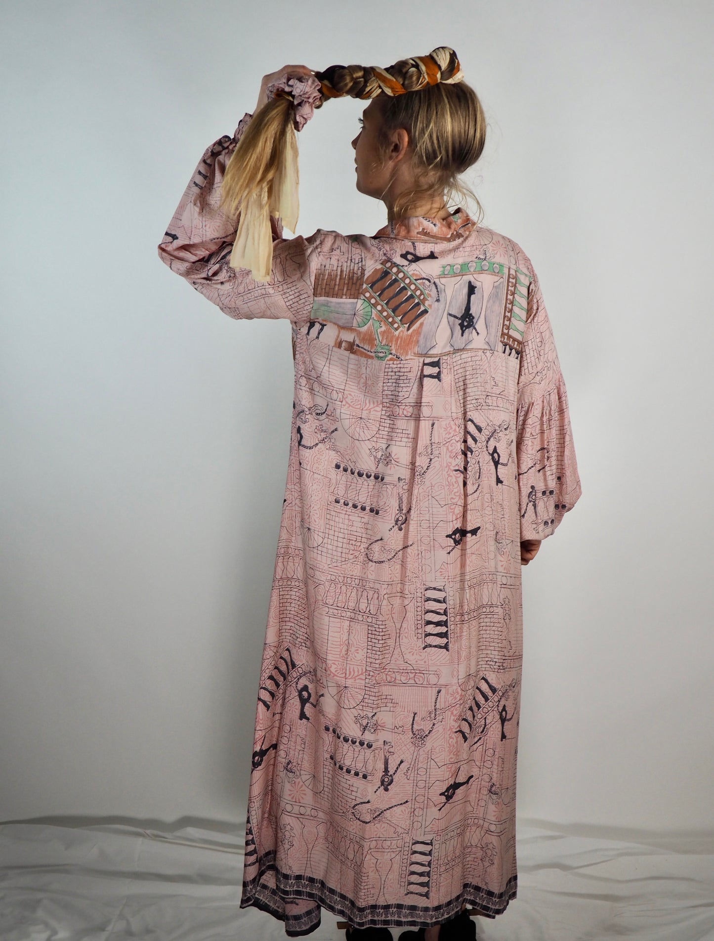 The Lenya Up-cycled Vintage Sari Dress – Sustainable Boho Dress with Oversized Sleeves Matching Scrunchy & Storage Bag