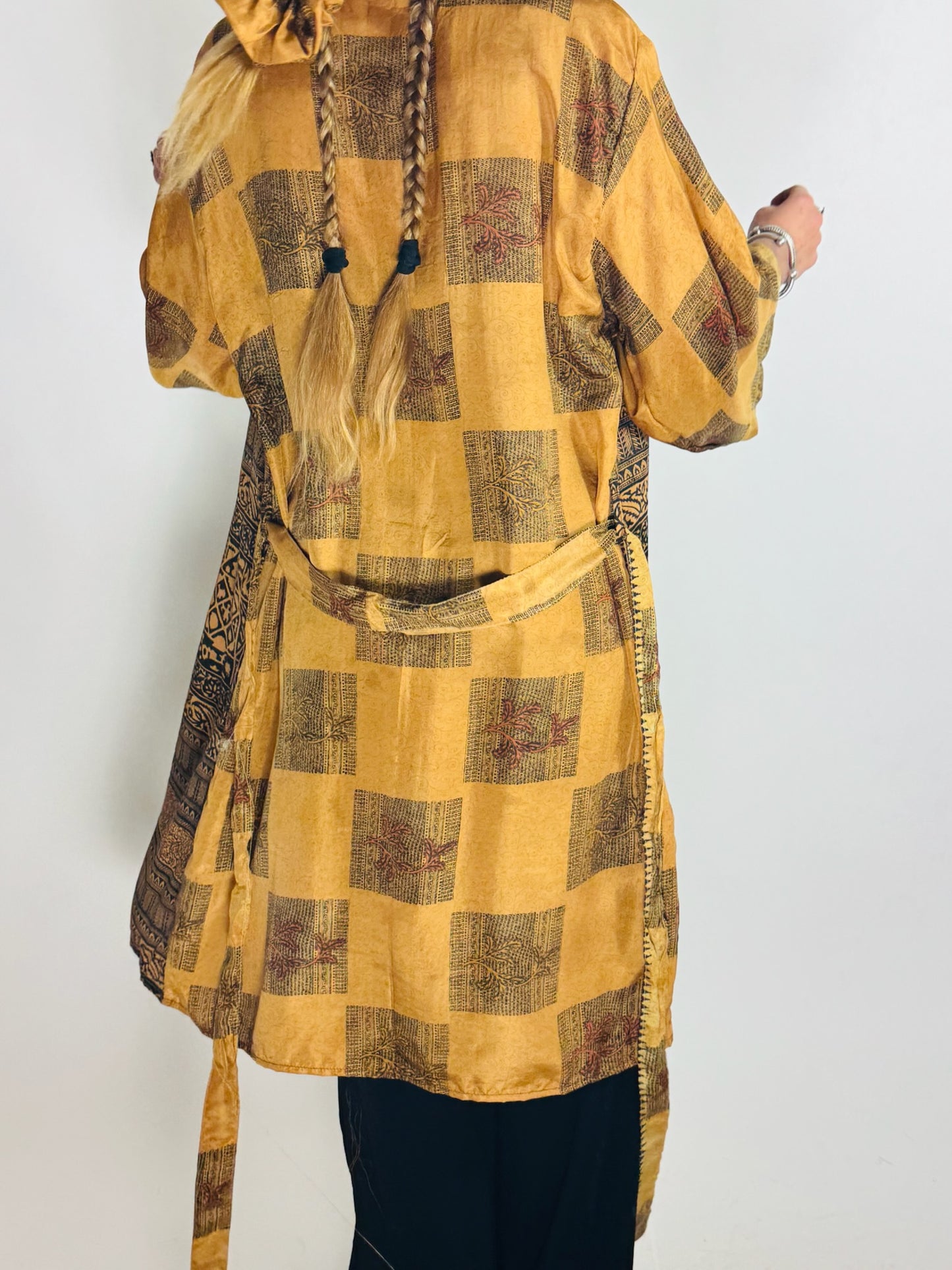 The Kardash Medium-Length Kimono – Up-cycled Vintage Sari Kimono Jacket with Waist Tie + Matching Scrunchy & Storage Bag