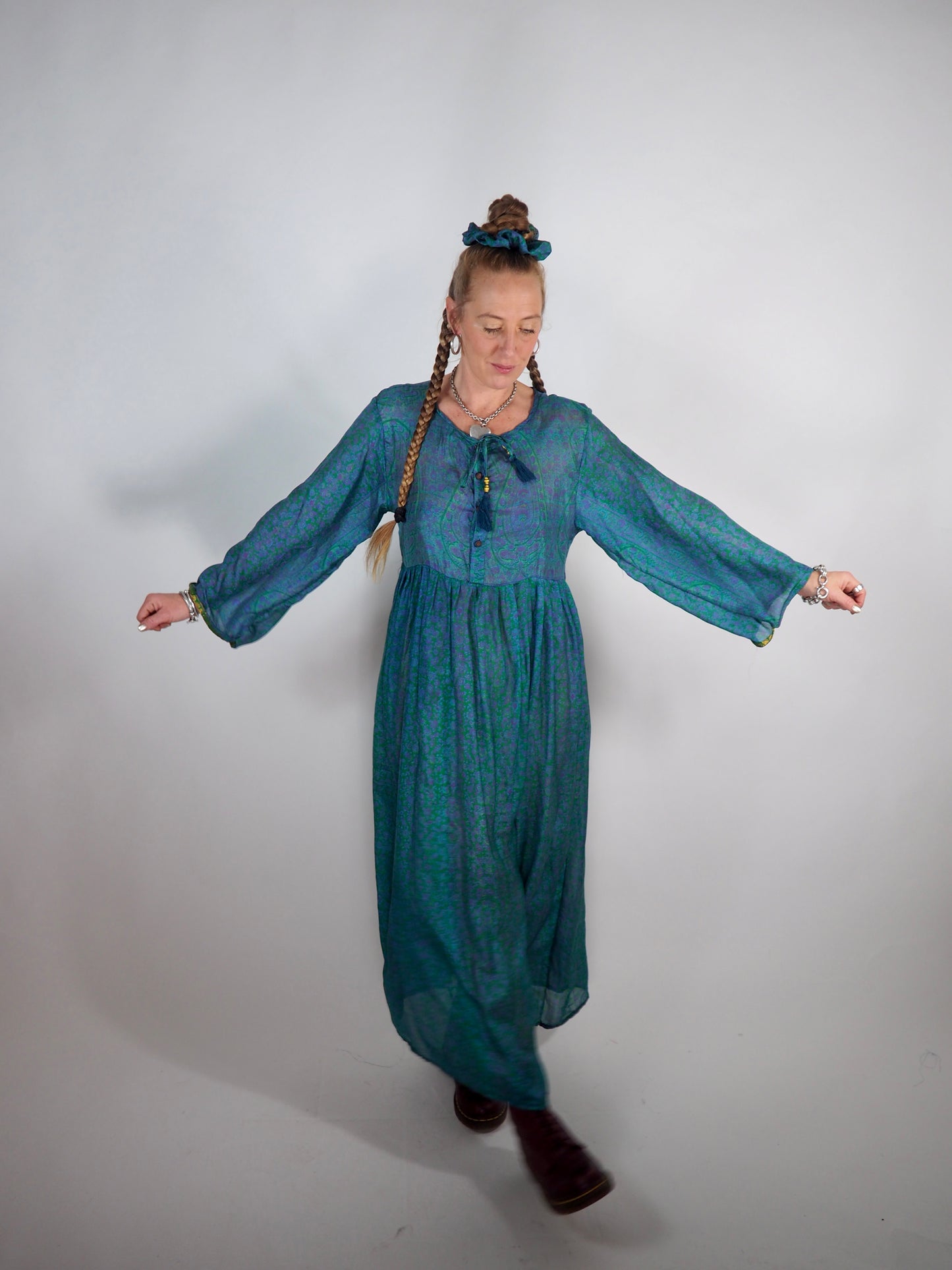 The Vadella Up-cycled Vintage Re-cycled Sari Maxi Dress – Sustainable Boho Dress with Tie Neck Detail + Matching Scrunchy & Bag