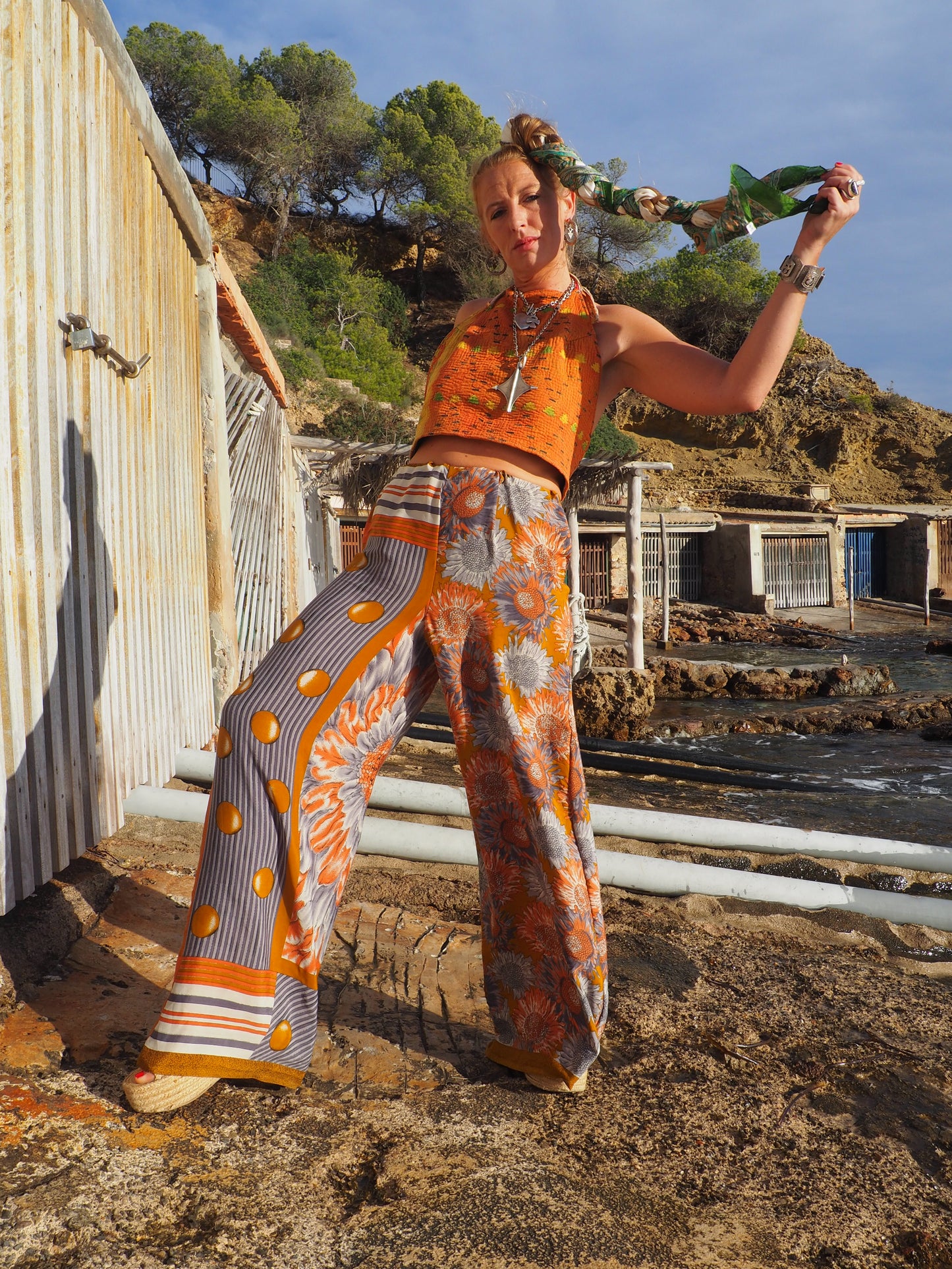 Wide leg pants with elastic waste made by vagabond Ibiza from vintage fabric off cuts