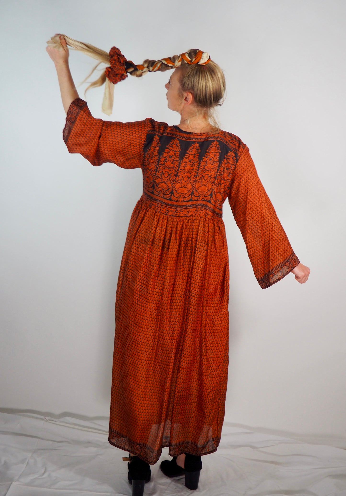 The Vadella Up-cycled Vintage Re-cycled Sari Maxi Dress – Sustainable Boho Dress with Tie Neck Detail + Matching Scrunchy & Bag