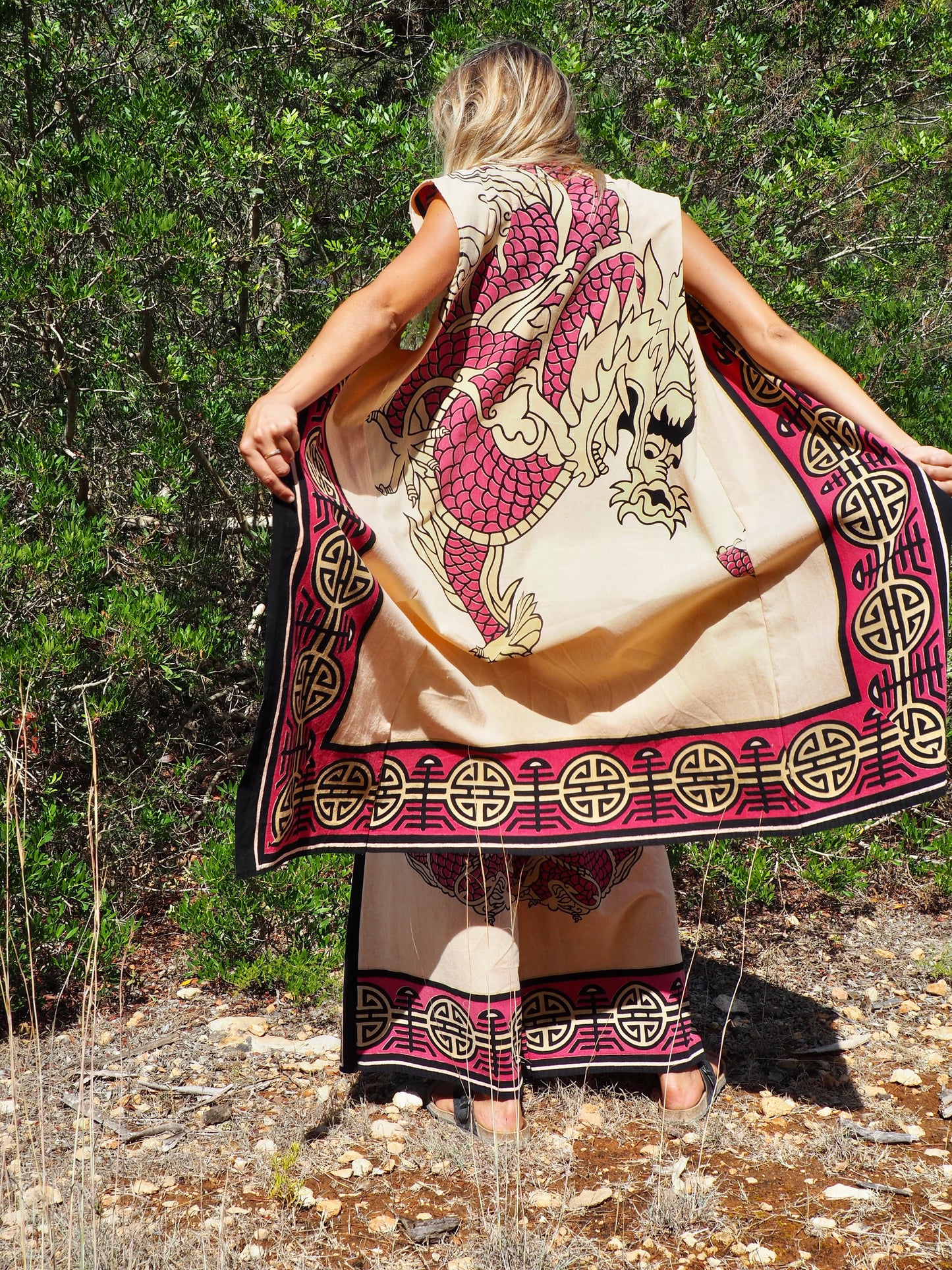 Up-cycled cotton long kimono waistcoat in pink and cream with dragon design and circular motifs by Vagabond Ibiza