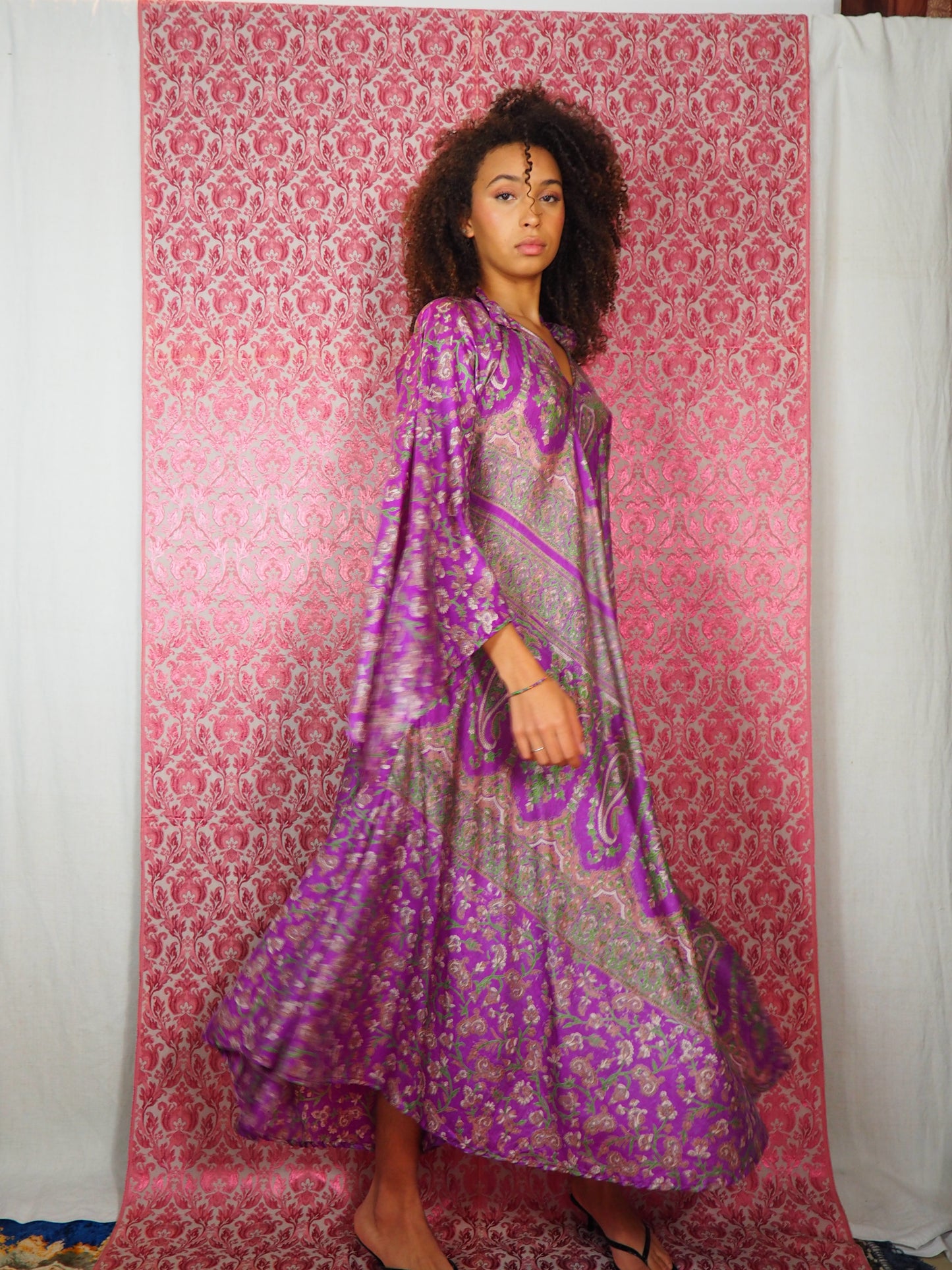 The Diamond Bias-Cut Maxi Dress – Up-cycled Vintage Sari Sustainable Dress with angel Sleeves + Matching Scrunchy & Bag