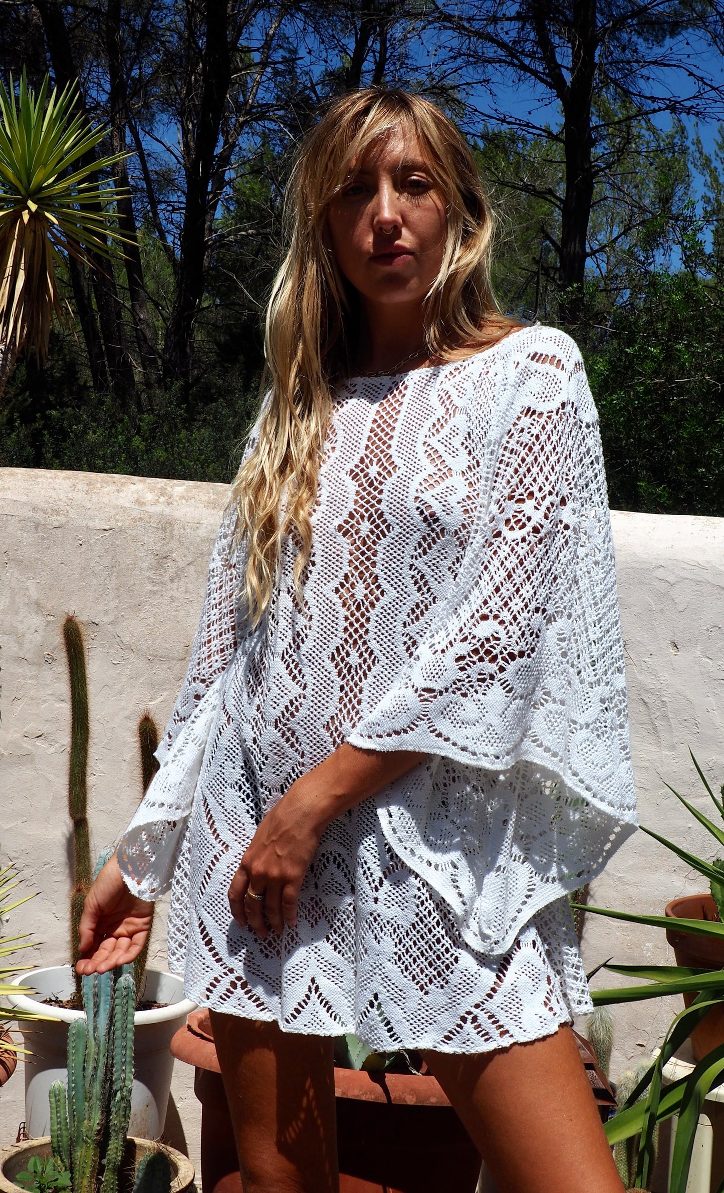 White vintage crochet bell sleeve shirt dress up-cycled by Vagabond Ibiza