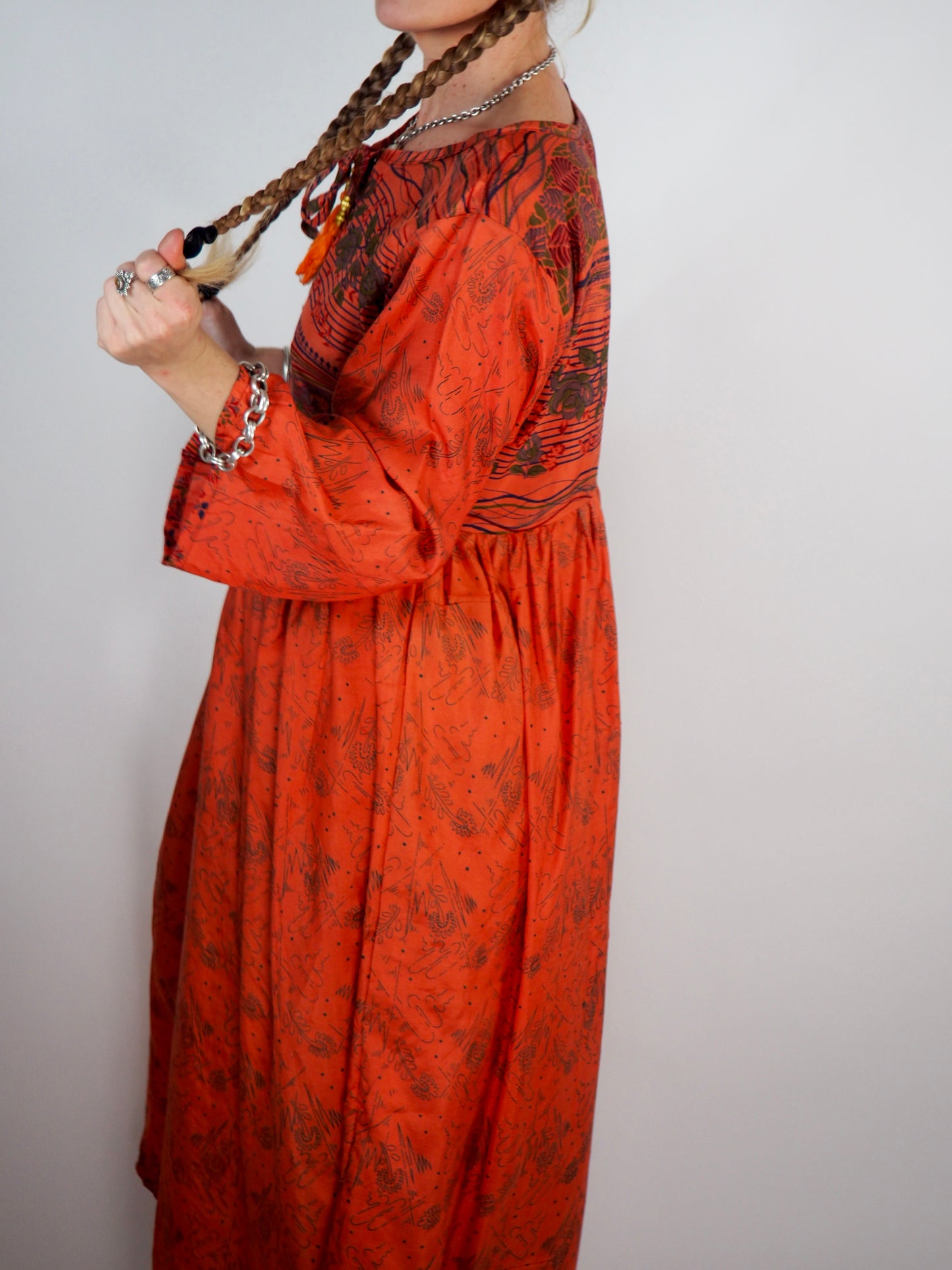 The Vadella Up-cycled Vintage Re-cycled Sari Maxi Dress – Sustainable Boho Dress with Tie Neck Detail + Matching Scrunchy & Bag