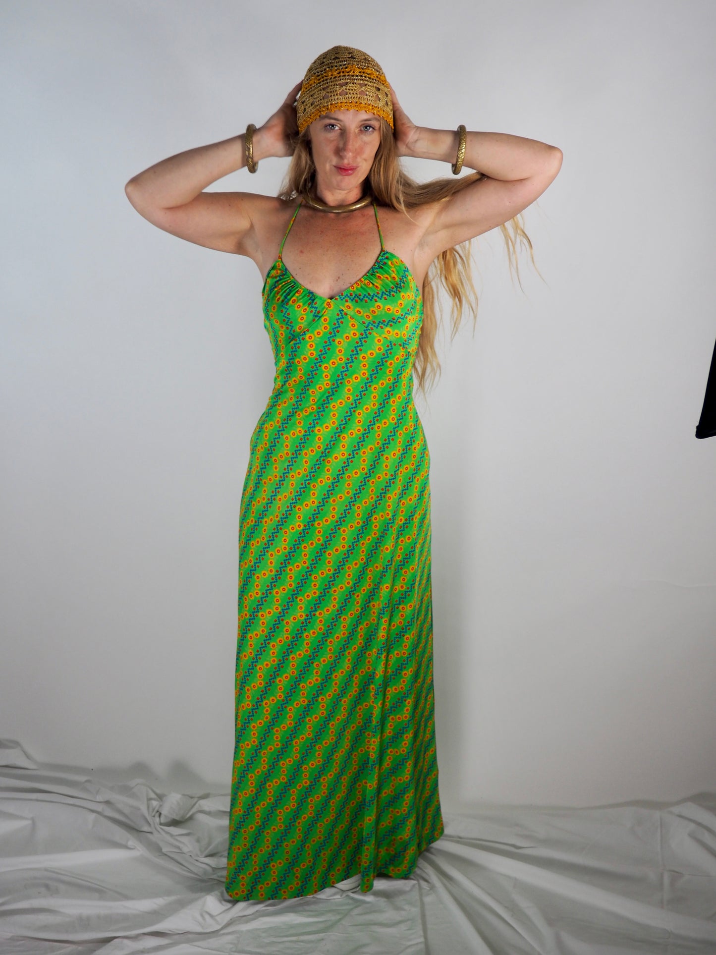 1970s Vintage Maxi Dress - Psychedelic Green Print