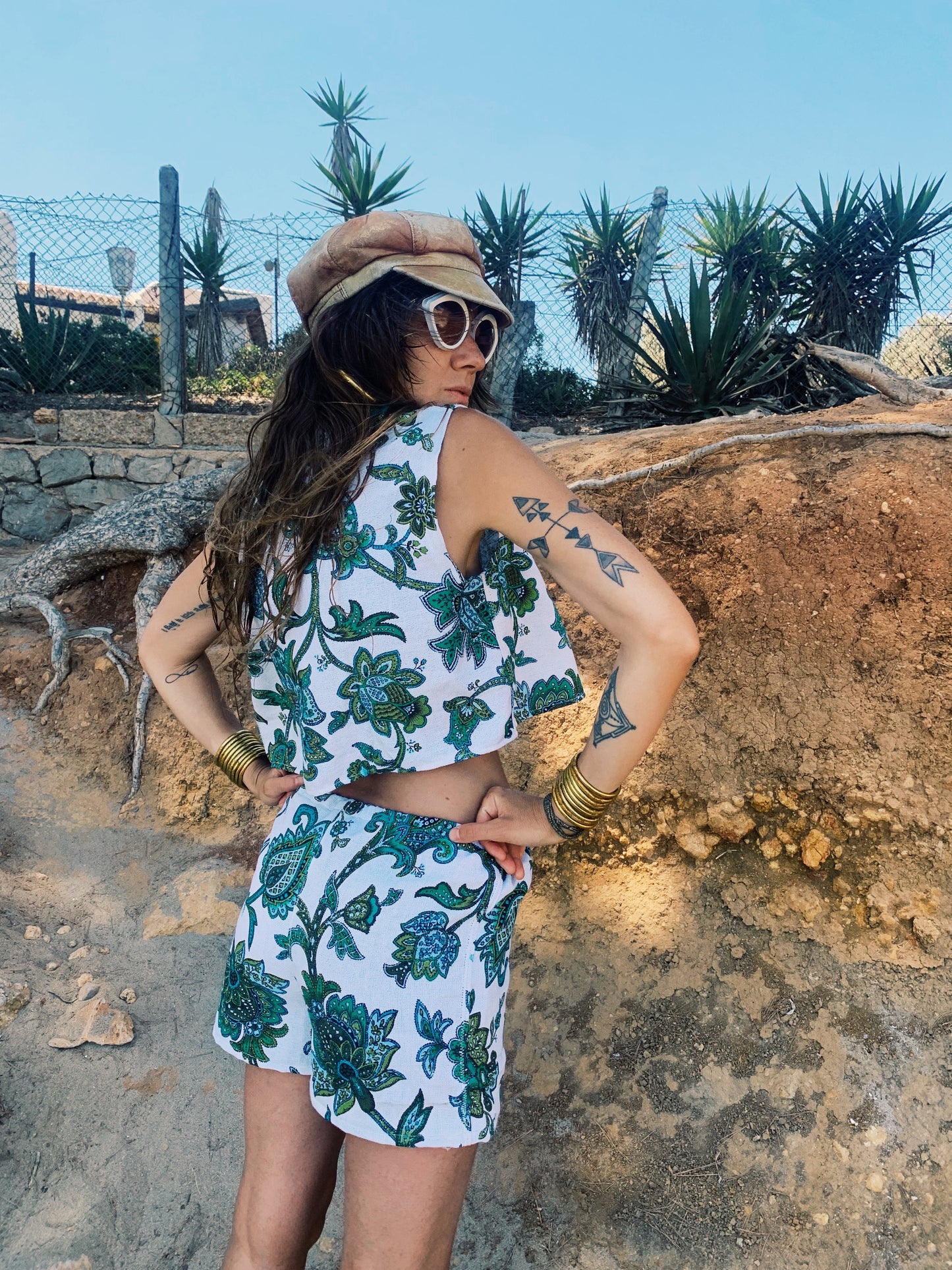 Vintage green and white floral up-cycled 2 piece set shorts and waistcoat by Vagabond Ibiza