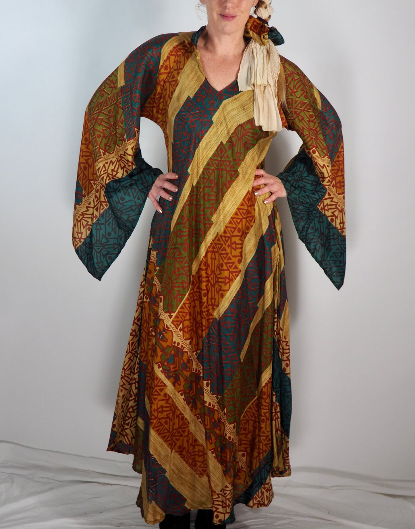 The Diamond Bias-Cut Maxi Dress – Up-cycled Vintage Sari Sustainable Dress with angel Sleeves + Matching Scrunchy & Bag