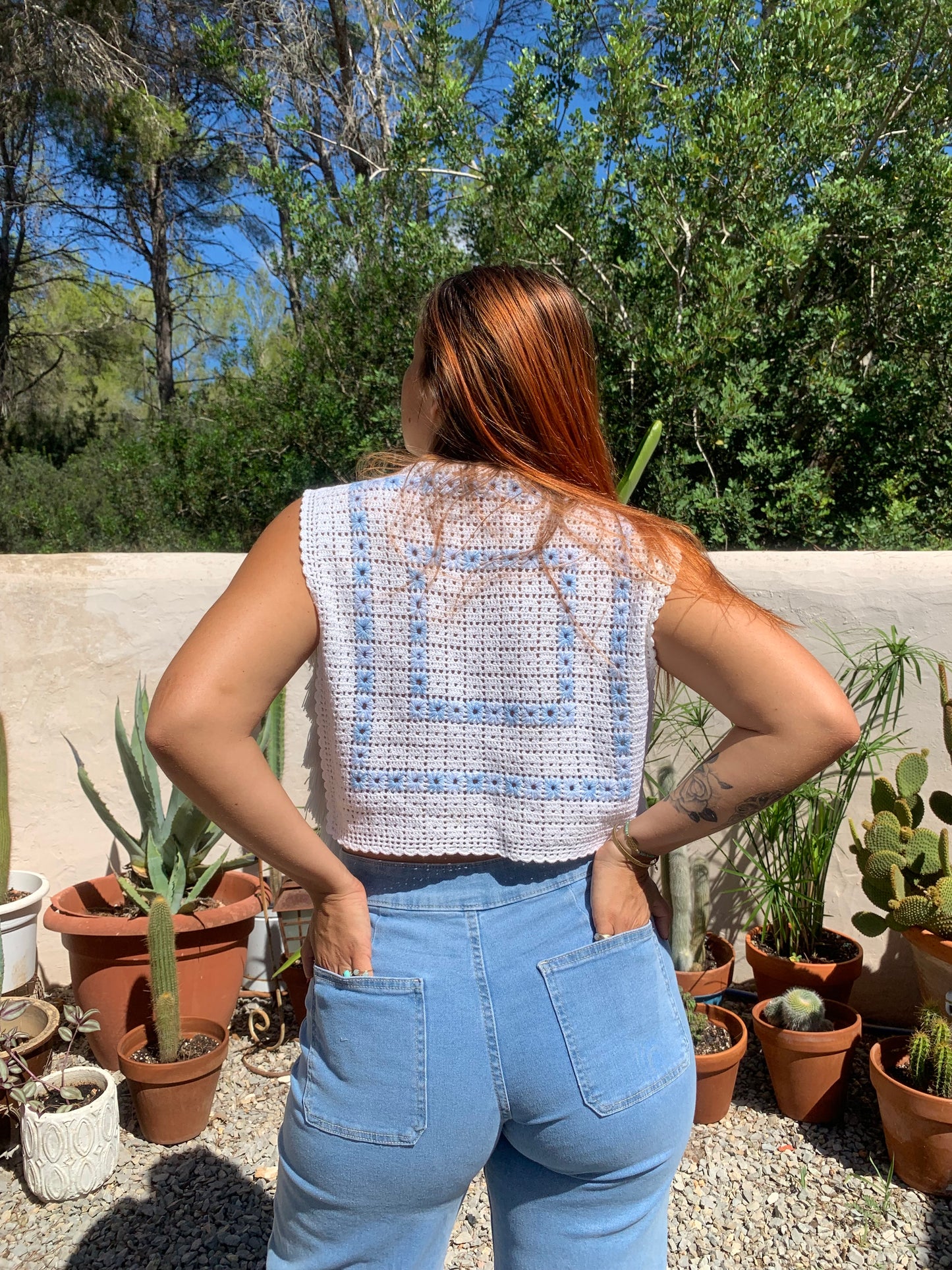 Reversals up-cycled white and baby blue crochet top by Vagabond Ibiza