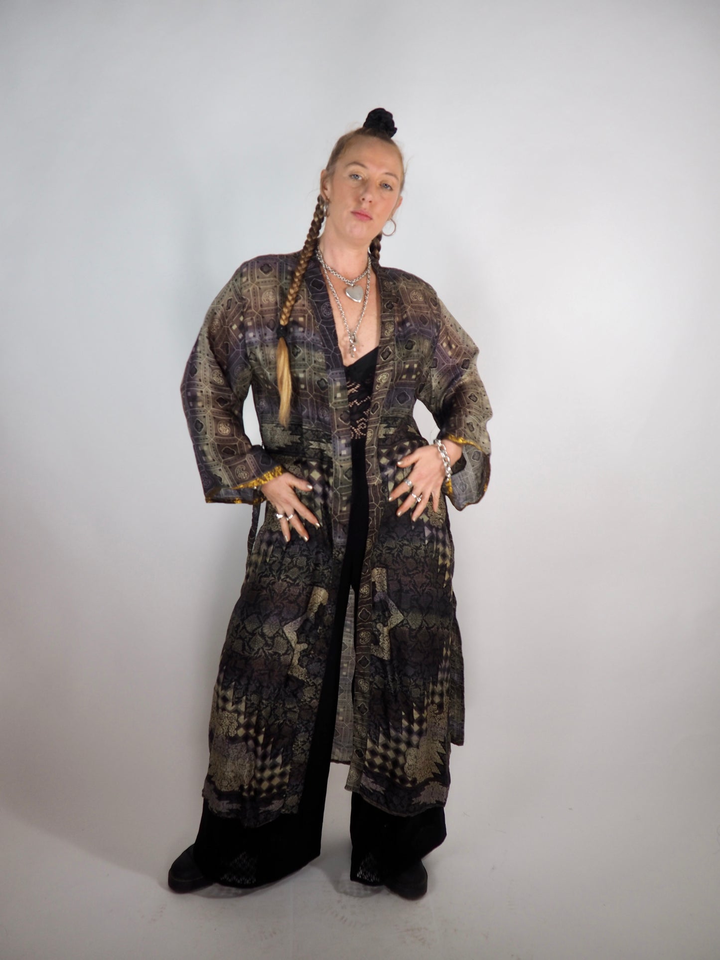 The Kardash Long Kimono – Up-cycled Vintage Sari long Kimono Robe with Waist Tie + Matching Scrunchy & Storage Bag