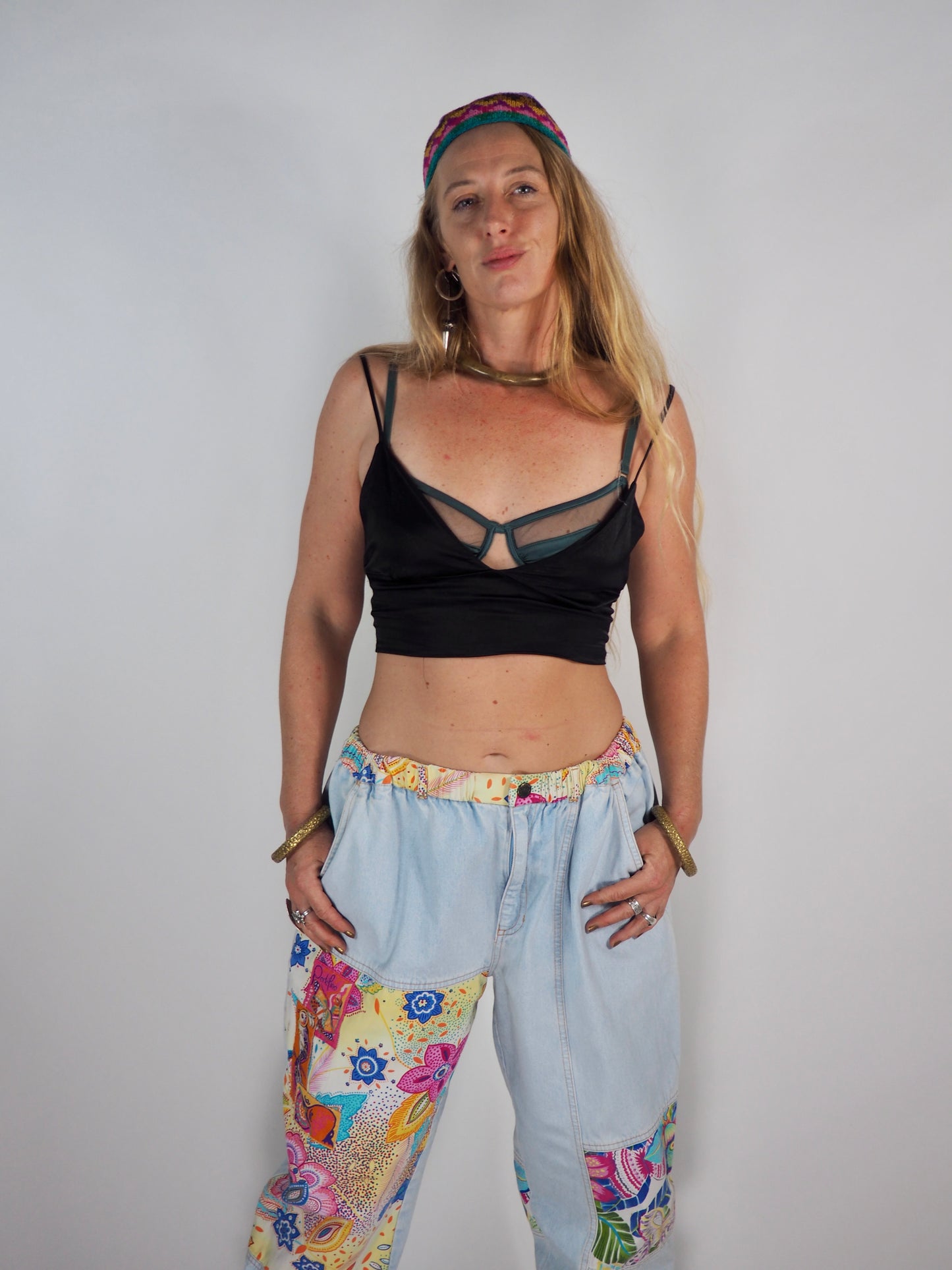 Vintage 1980s Denim Patchwork Pants a bold and playful statement piece