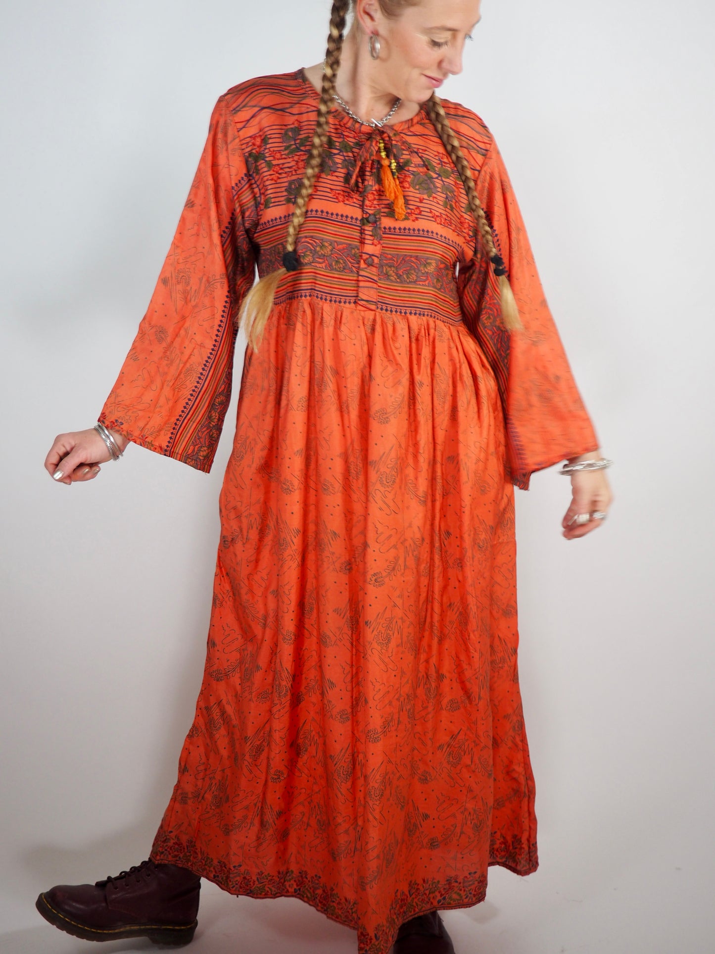 The Vadella Up-cycled Vintage Re-cycled Sari Maxi Dress – Sustainable Boho Dress with Tie Neck Detail + Matching Scrunchy & Bag