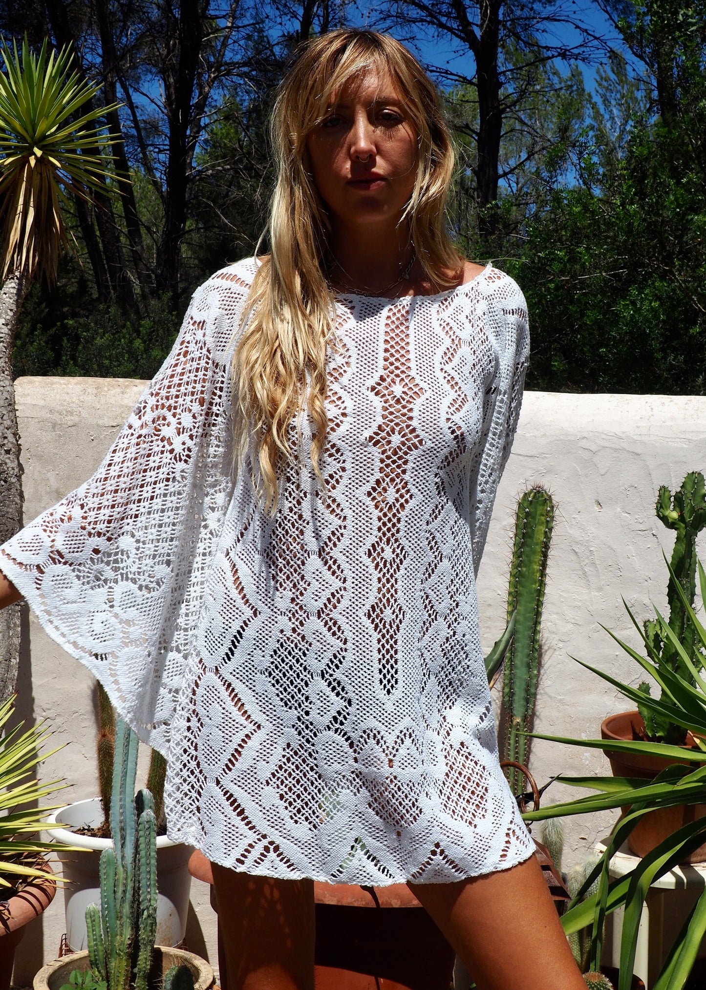 White vintage crochet bell sleeve shirt dress up-cycled by Vagabond Ibiza