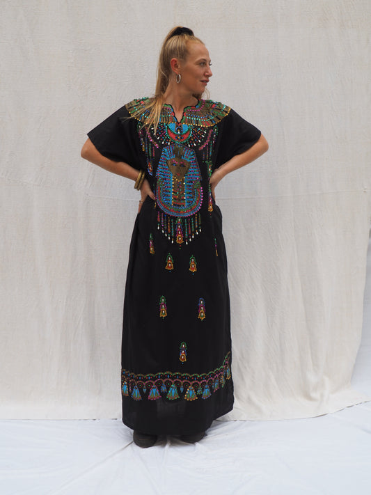 Vintage Black Kaftan with printed bead and Gold Detail