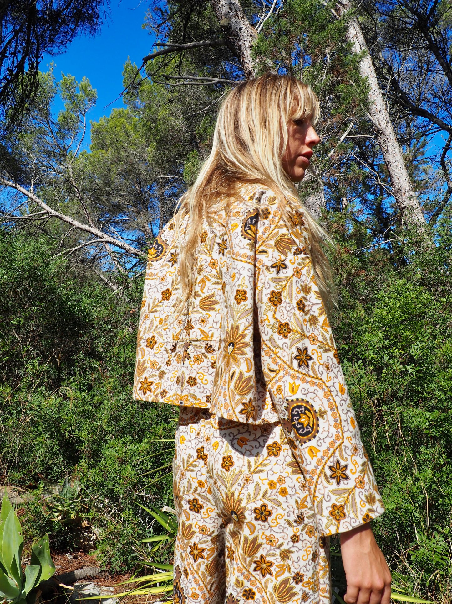 Up-cycled heavy cotton cropped jacket with Cream yellow and black floral printed design the textile is from france very nice quality by Vagabond Ibiza