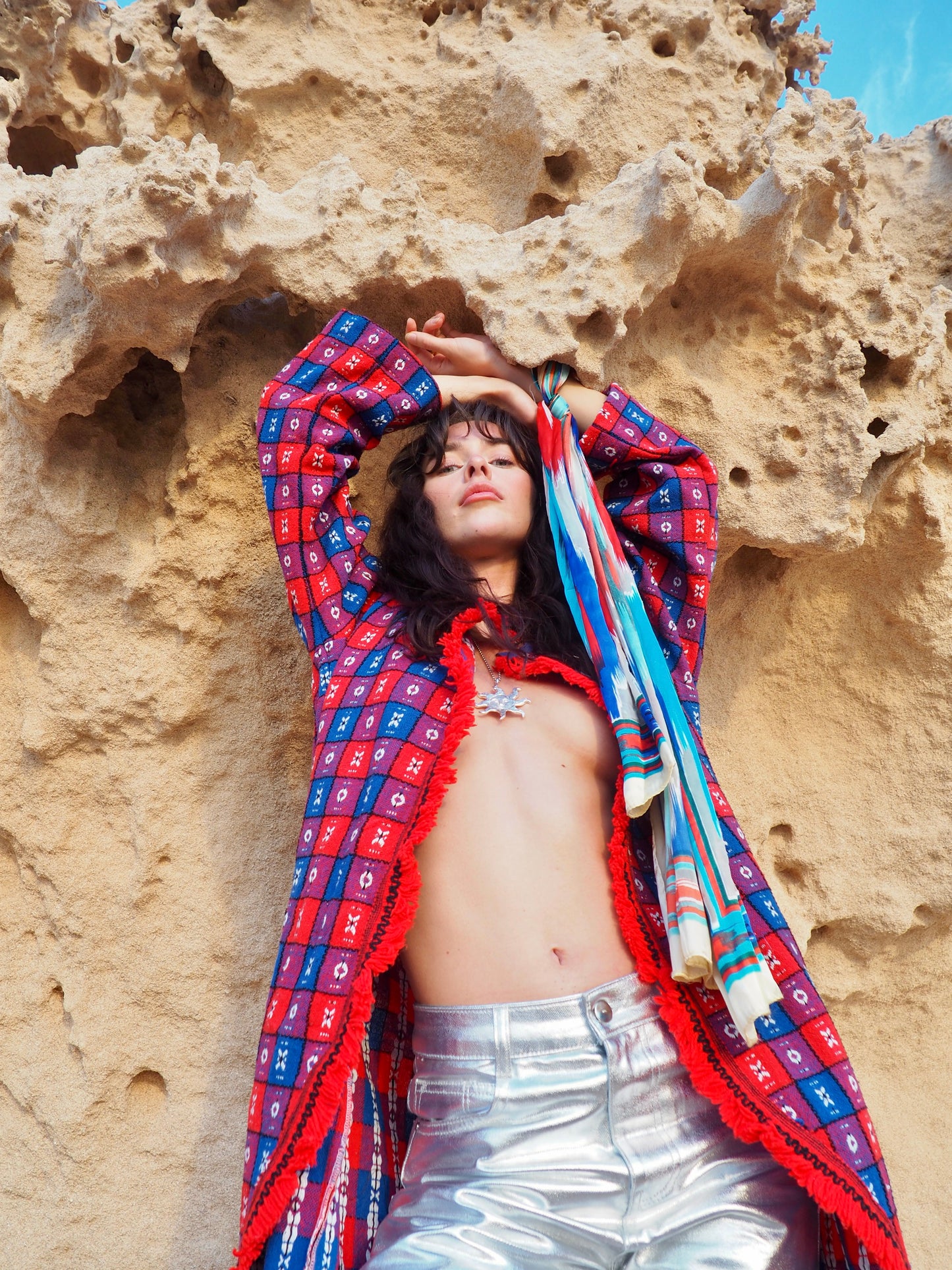 Upcycled Vintage Long Full Jacket in Red and Blue - Made by Vagabond Ibiza