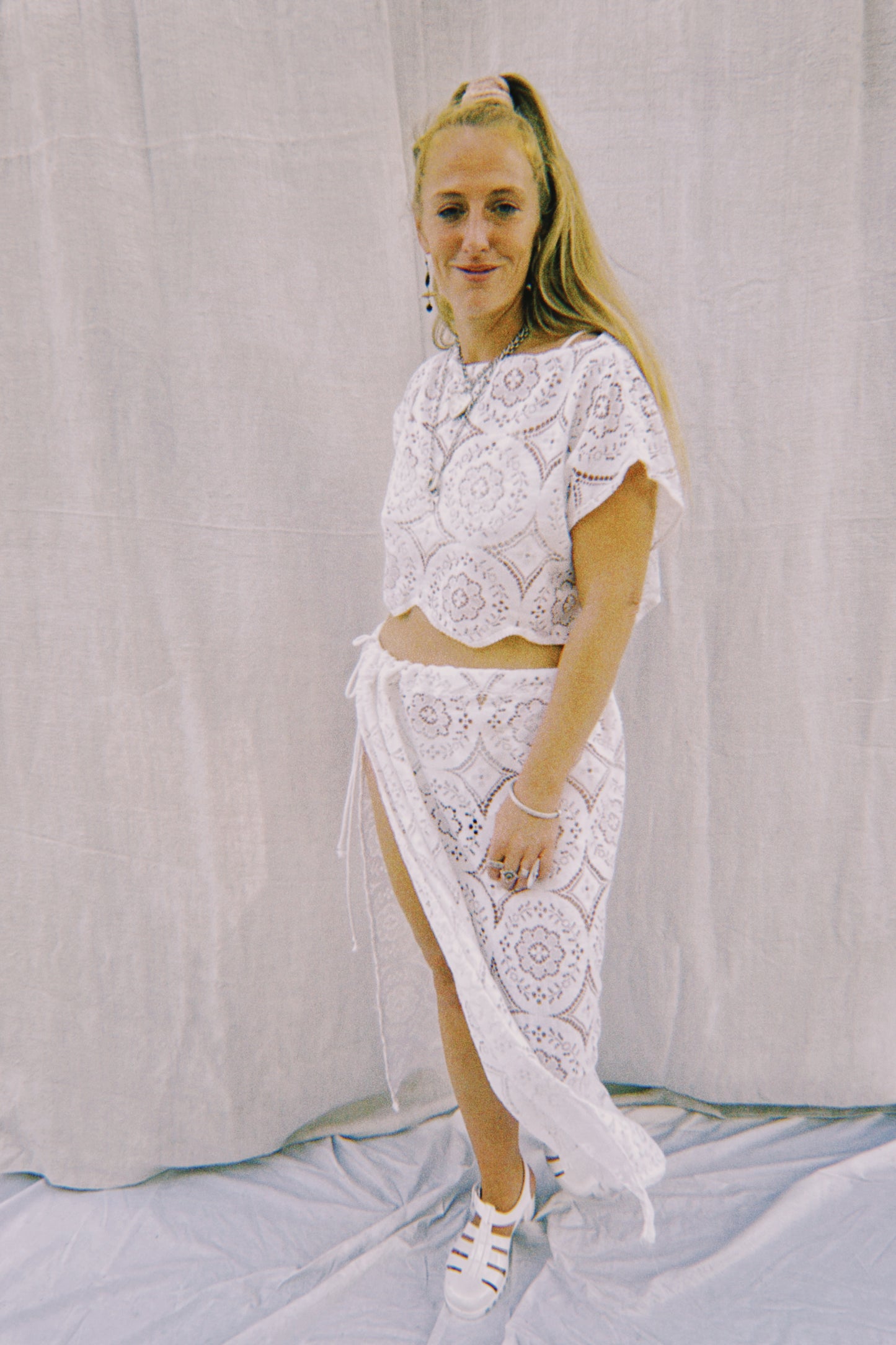 Upcycled Vintage Lace Wrap-Around Skirt with Side Splits – Handmade by Vagabond Ibiza