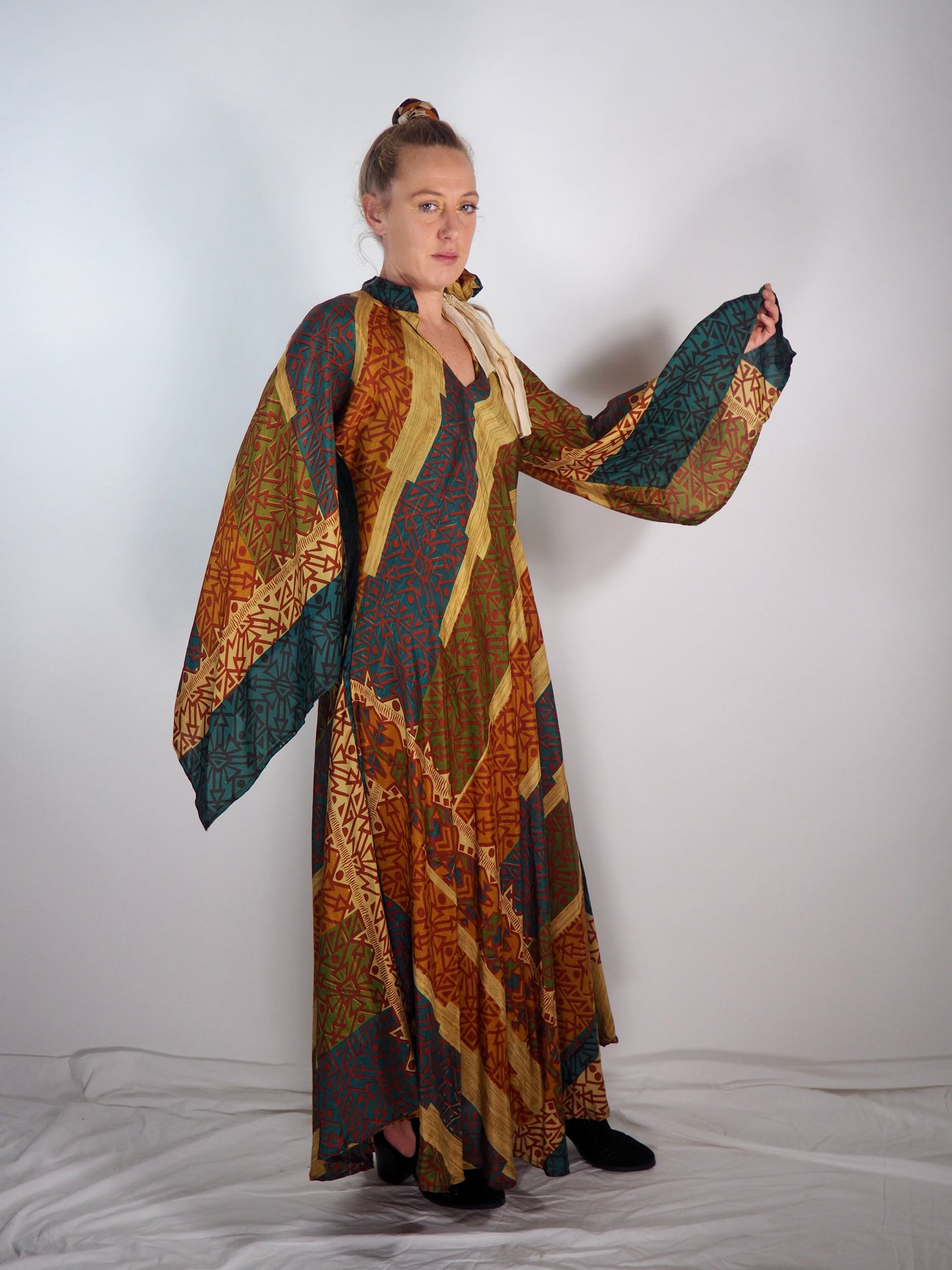 The Diamond Bias-Cut Maxi Dress – Up-cycled Vintage Sari Sustainable Dress with angel Sleeves + Matching Scrunchy & Bag