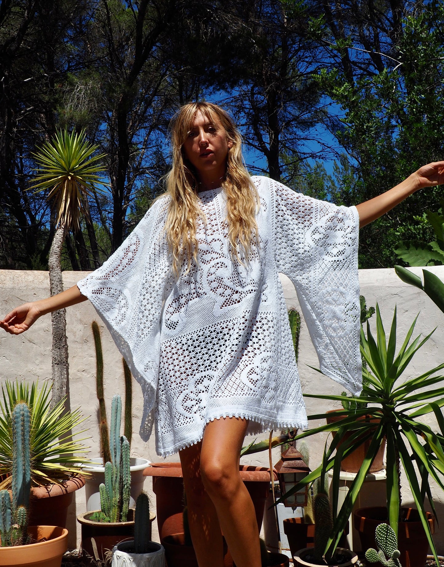White vintage crochet bell sleeve shirt dress up-cycled by Vagabond Ibiza made in our atelier in Ibiza