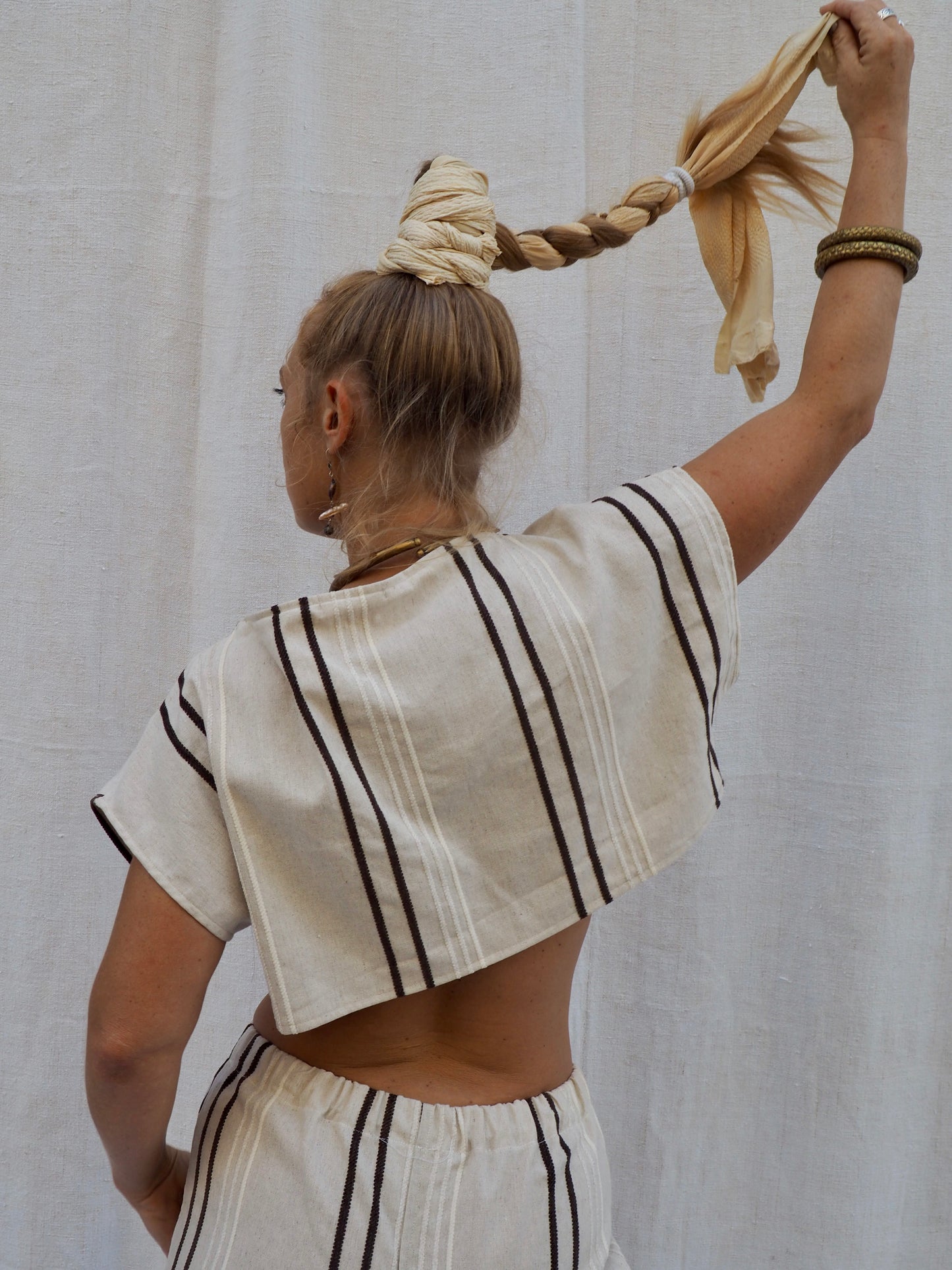 Up-cycled Vintage Linen Cropped T-Shirt with Lace Paneling & Capped Sleeves – Handmade by Vagabond Ibiza